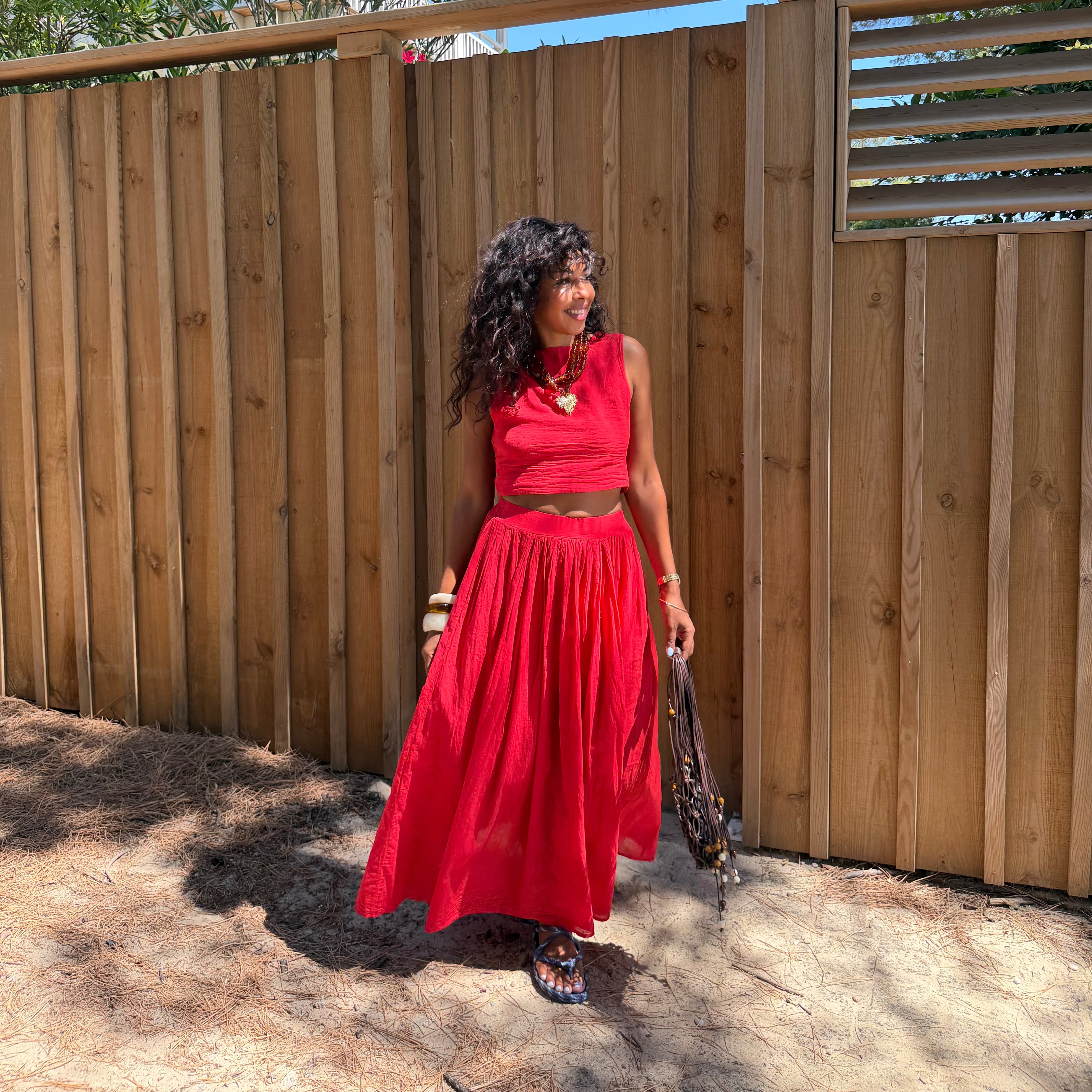 Ensemble YDRA jupe et top dos nu en coton rouge
