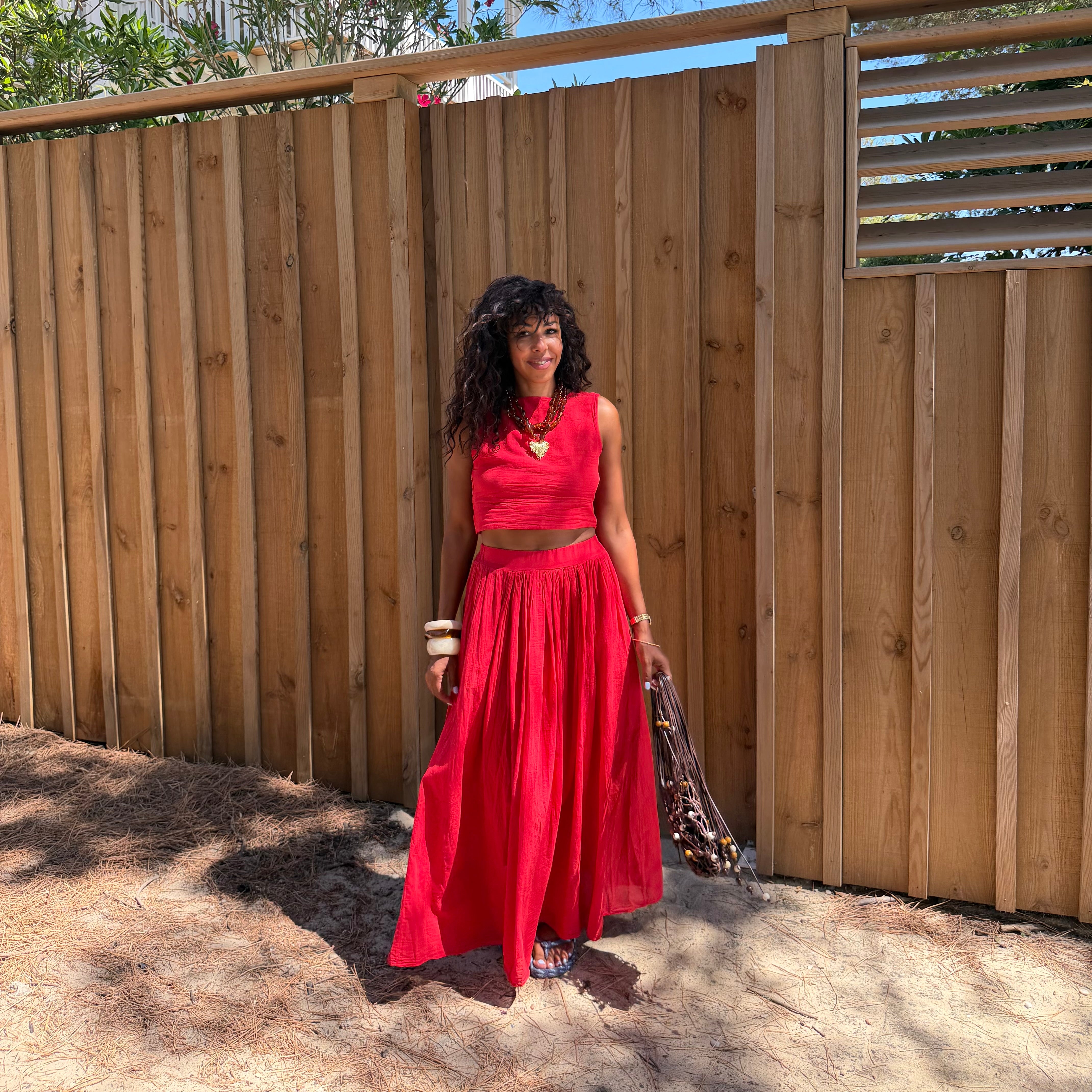 Ensemble YDRA jupe et top dos nu en coton rouge