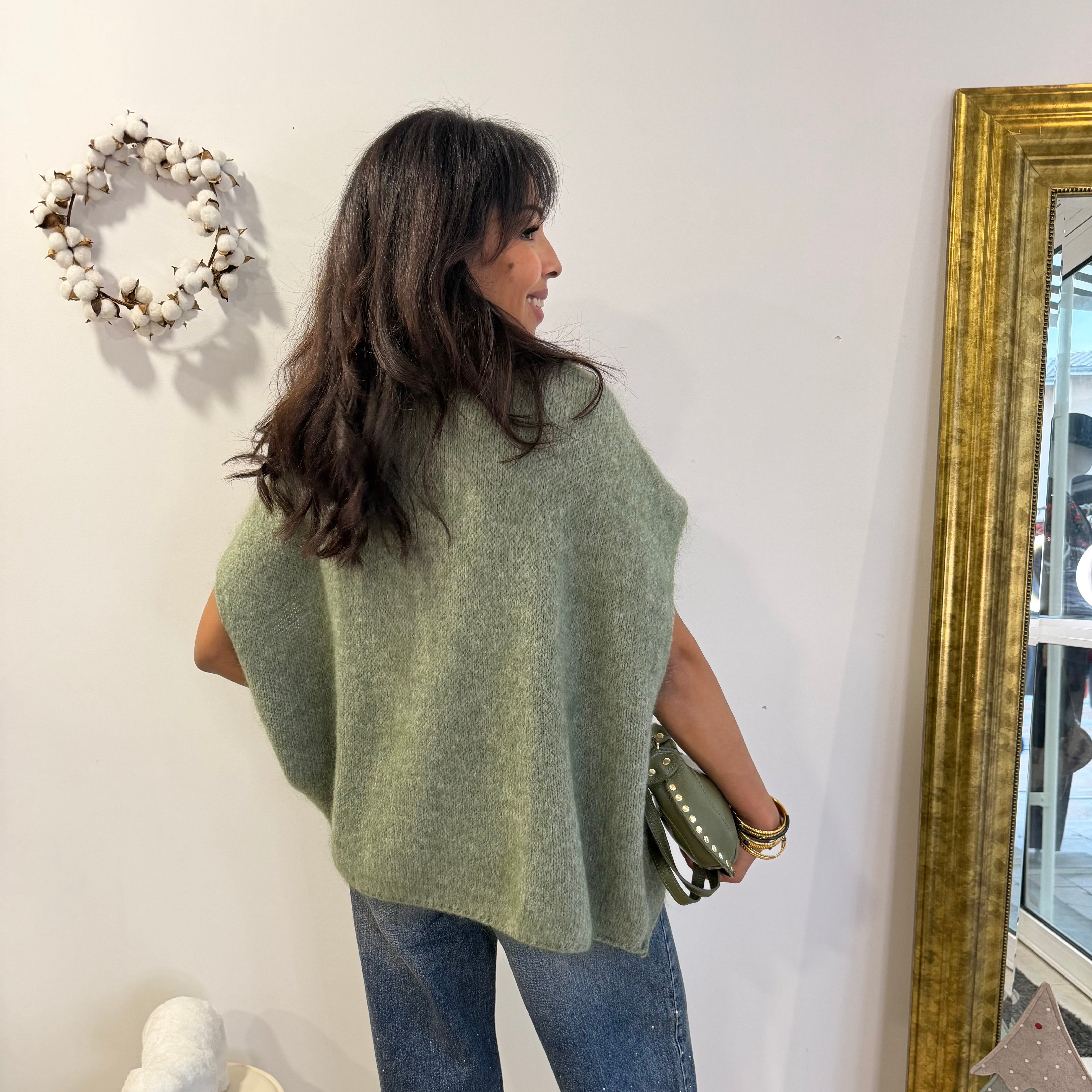 Pull col roulé, ANTA vert, mohair, laine