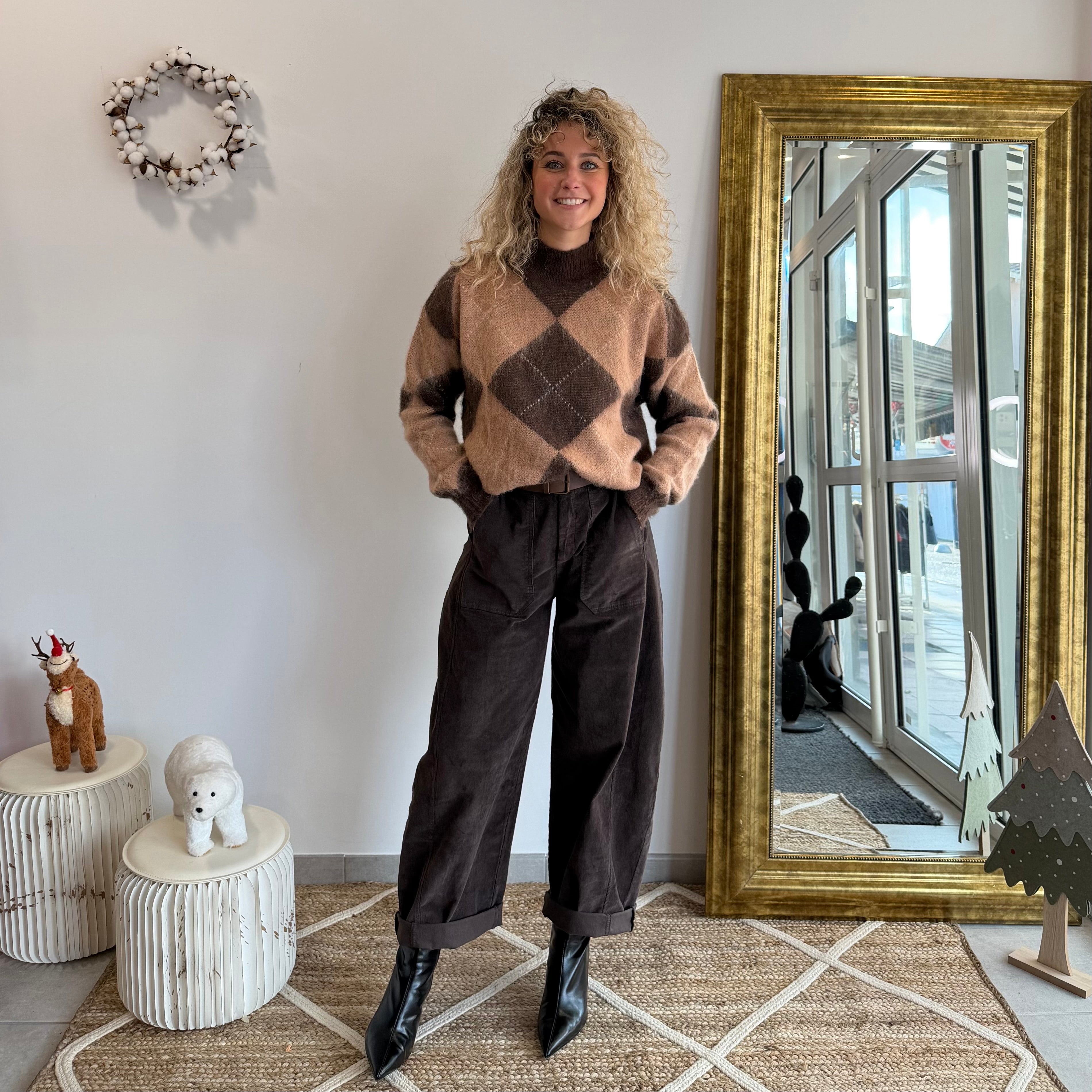 Pull LOSANGE, col montant, marron et beige