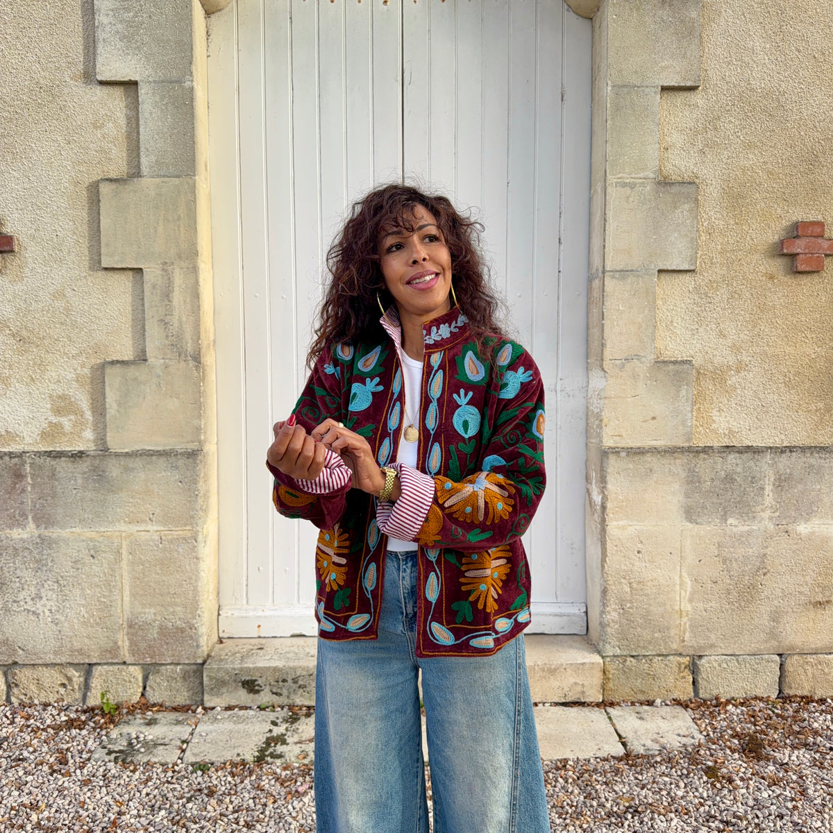 VESTE SUZANE BRODÉE EN VELOURS prune