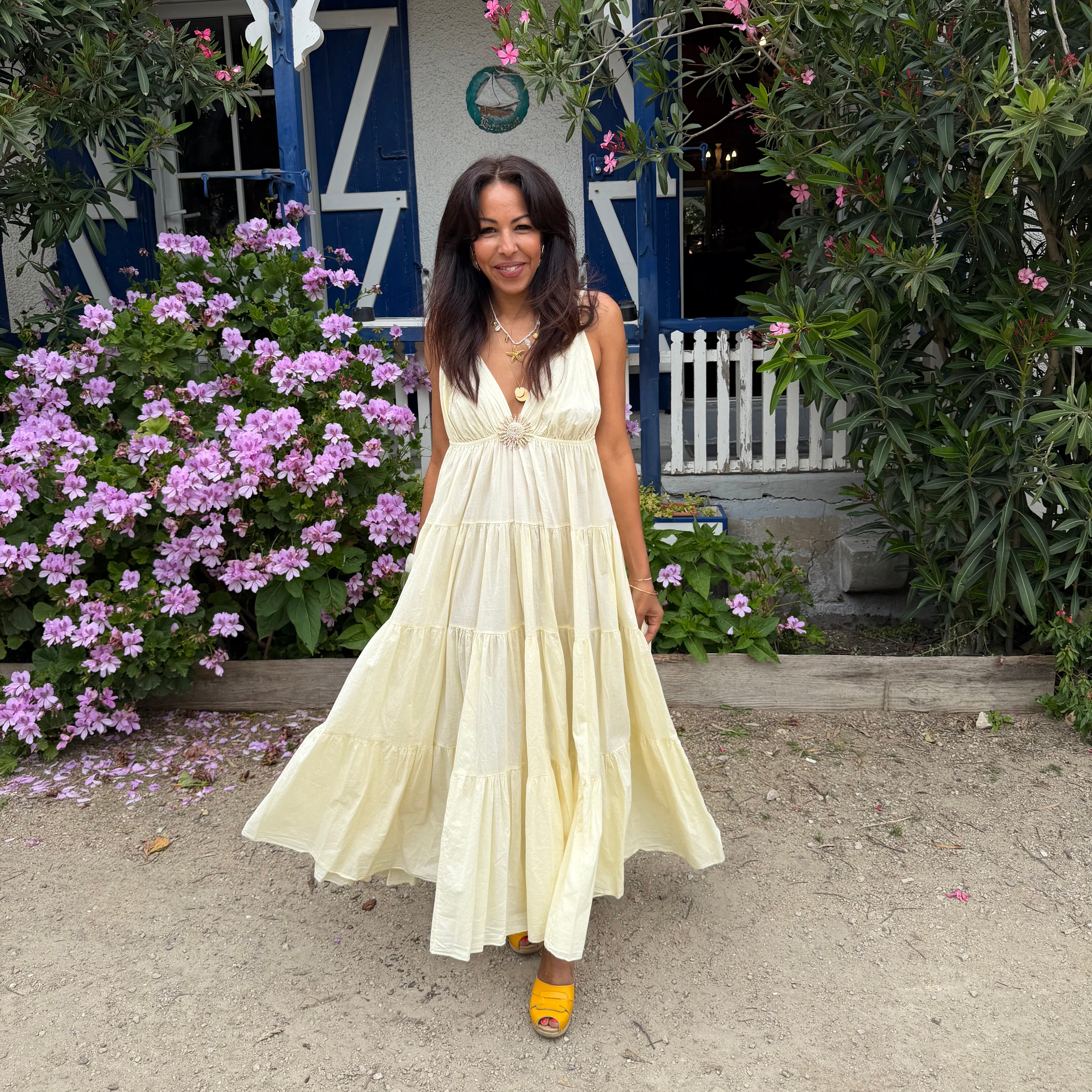 Robe longue SOLEIL bohème jaune dos nu