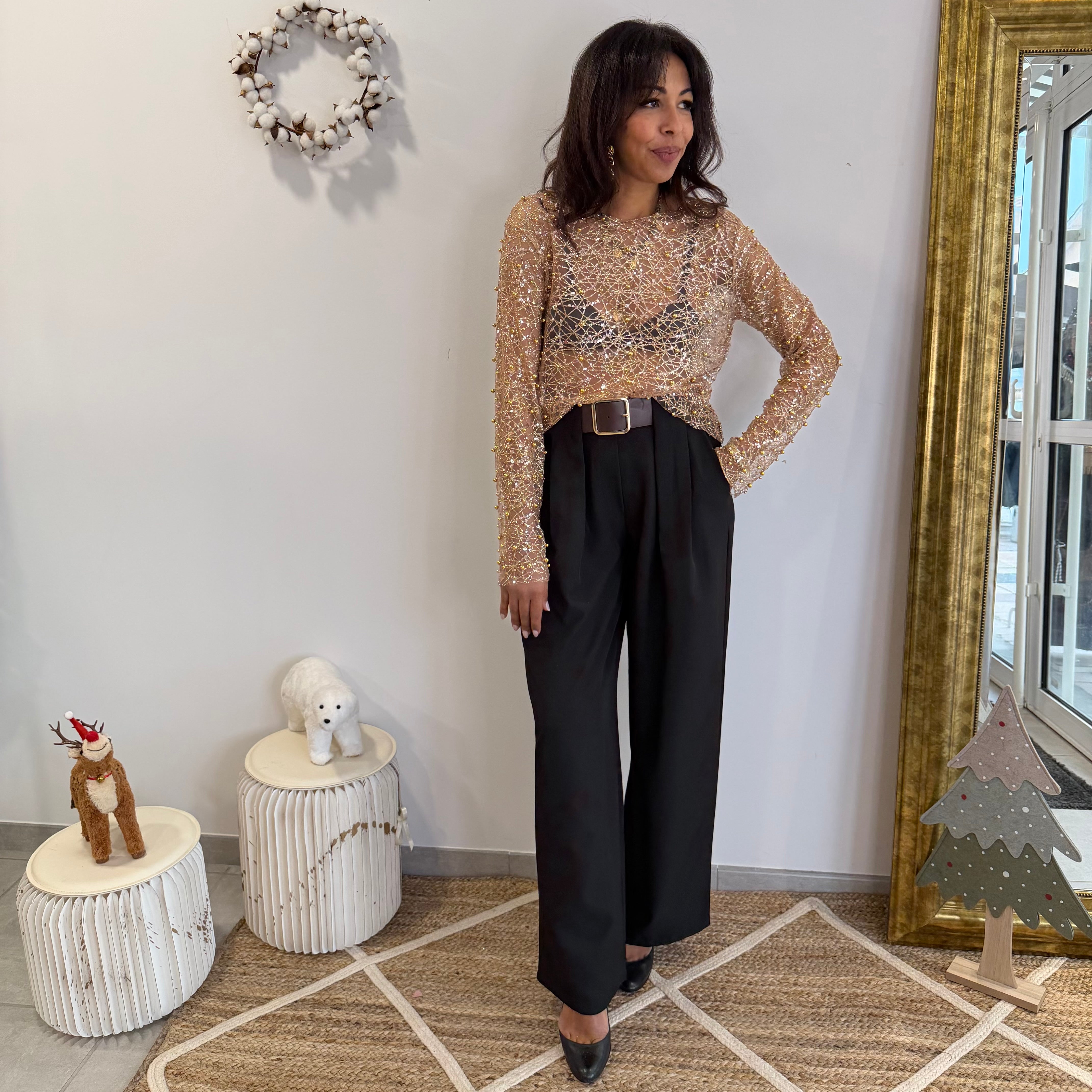 Blouse IRIS doré à sequins, paillettes, perles