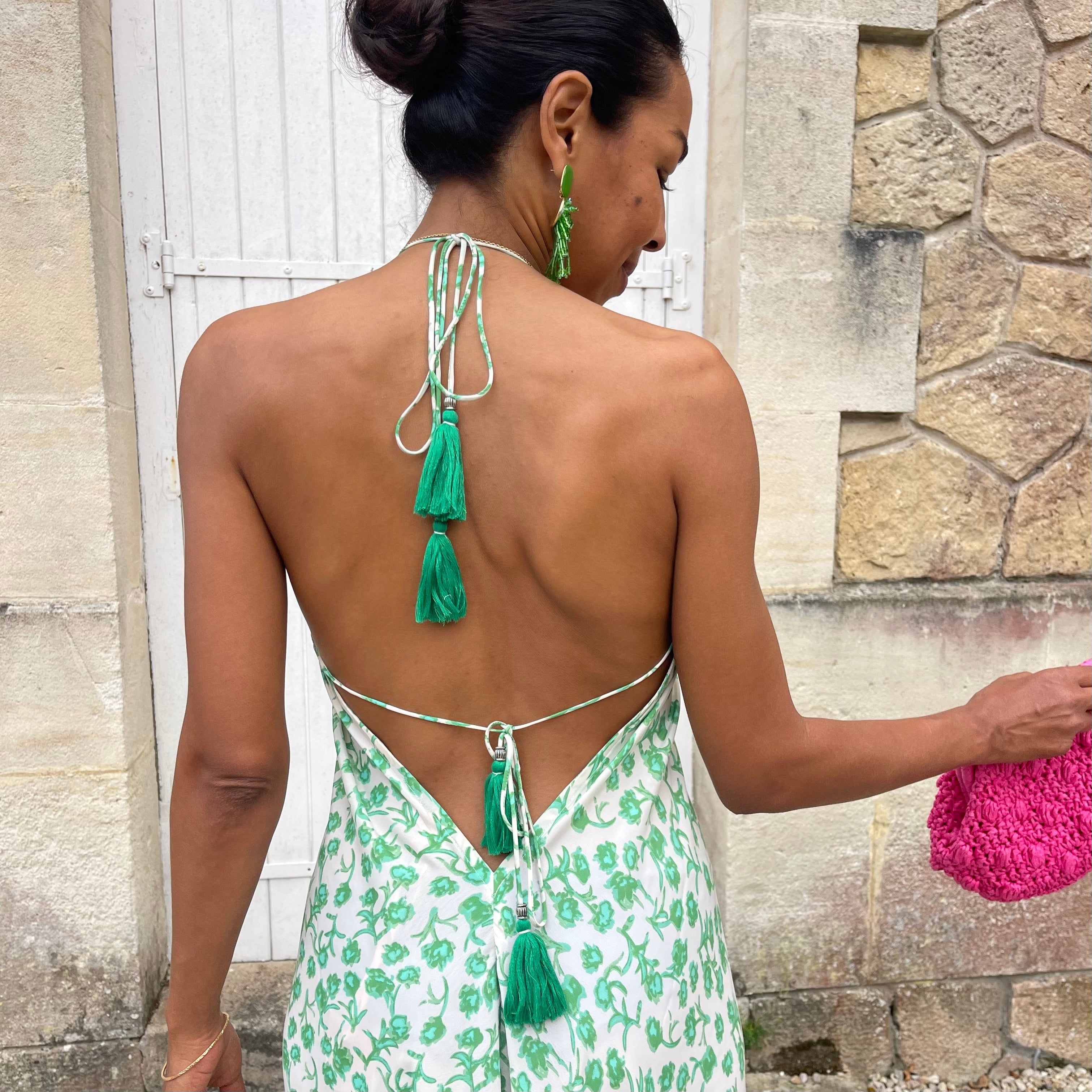 Robe longue SALVADORE dos nu à l'imprimé fleuri vert