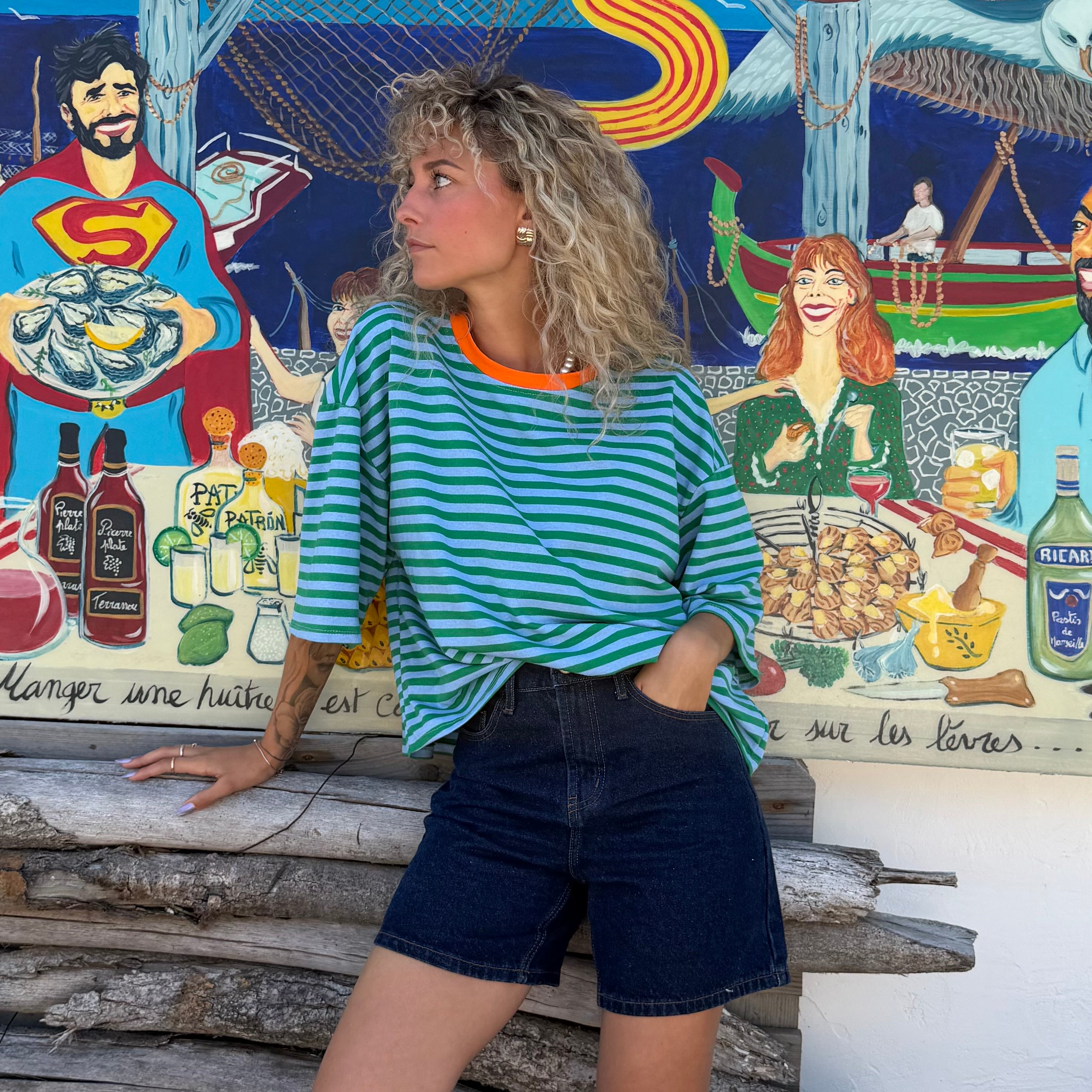 T-shirt marinière OLIVIA vert et bleu