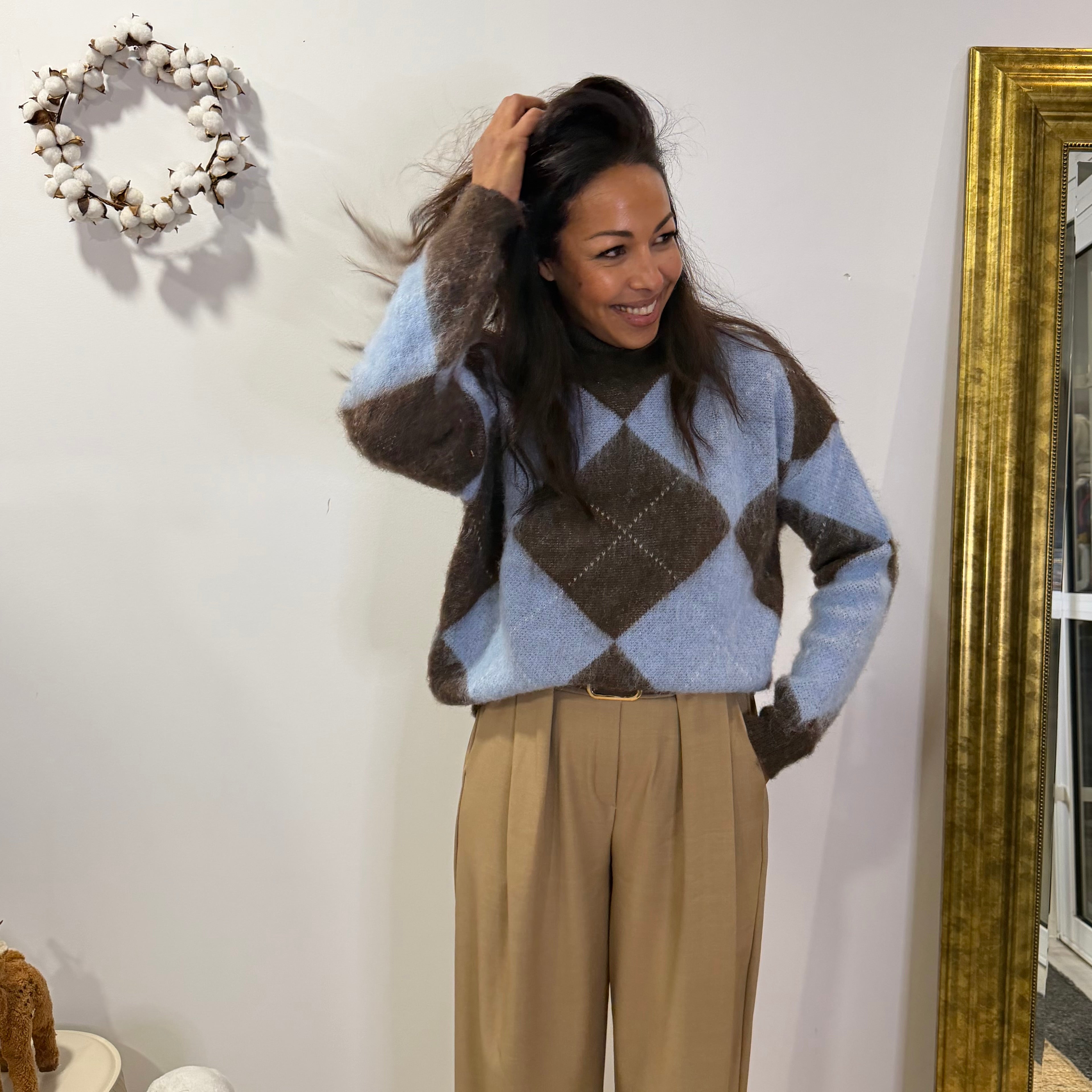 Pull LOSANGE, col montant, marron et bleu ciel