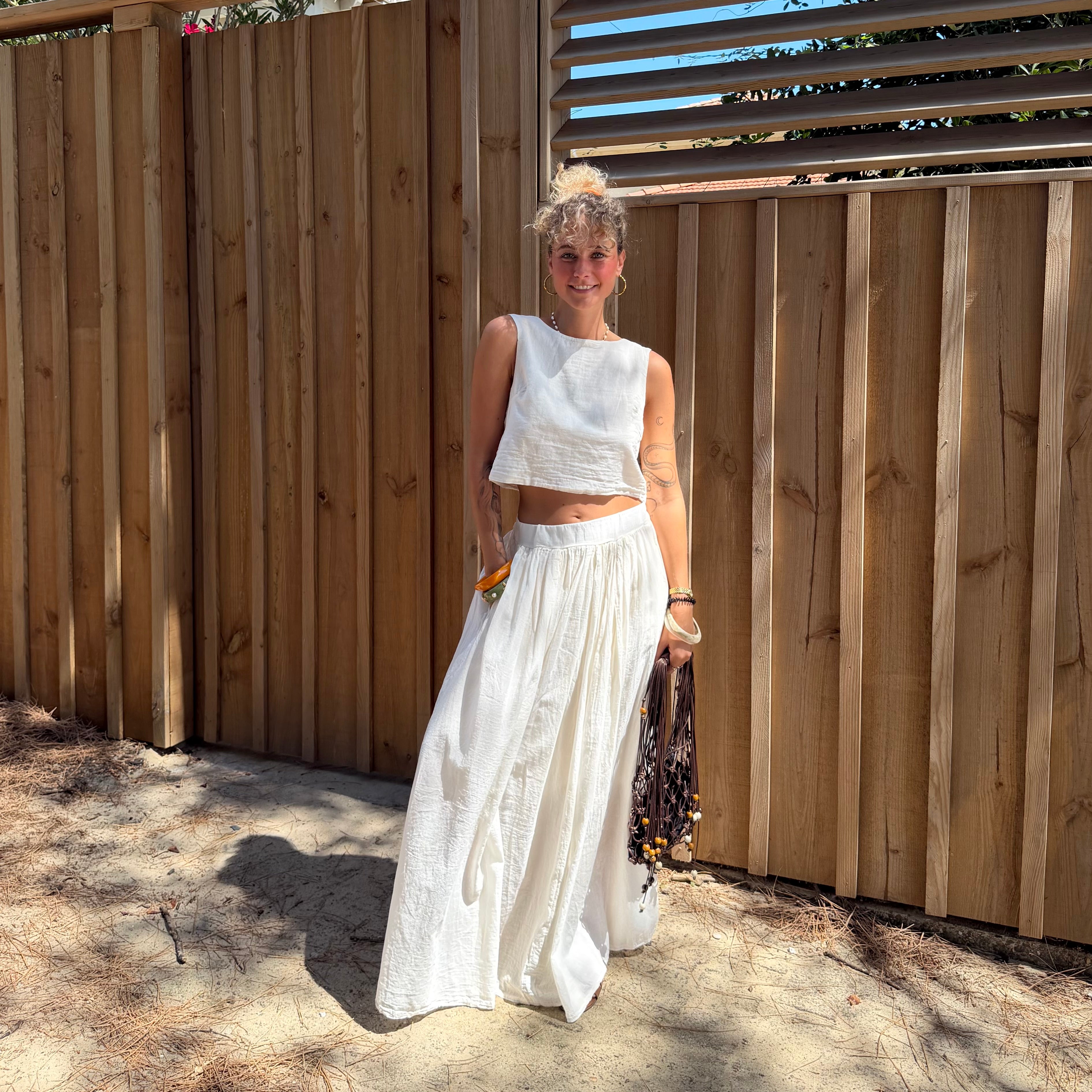Ensemble YDRA jupe et top dos nu en coton écru
