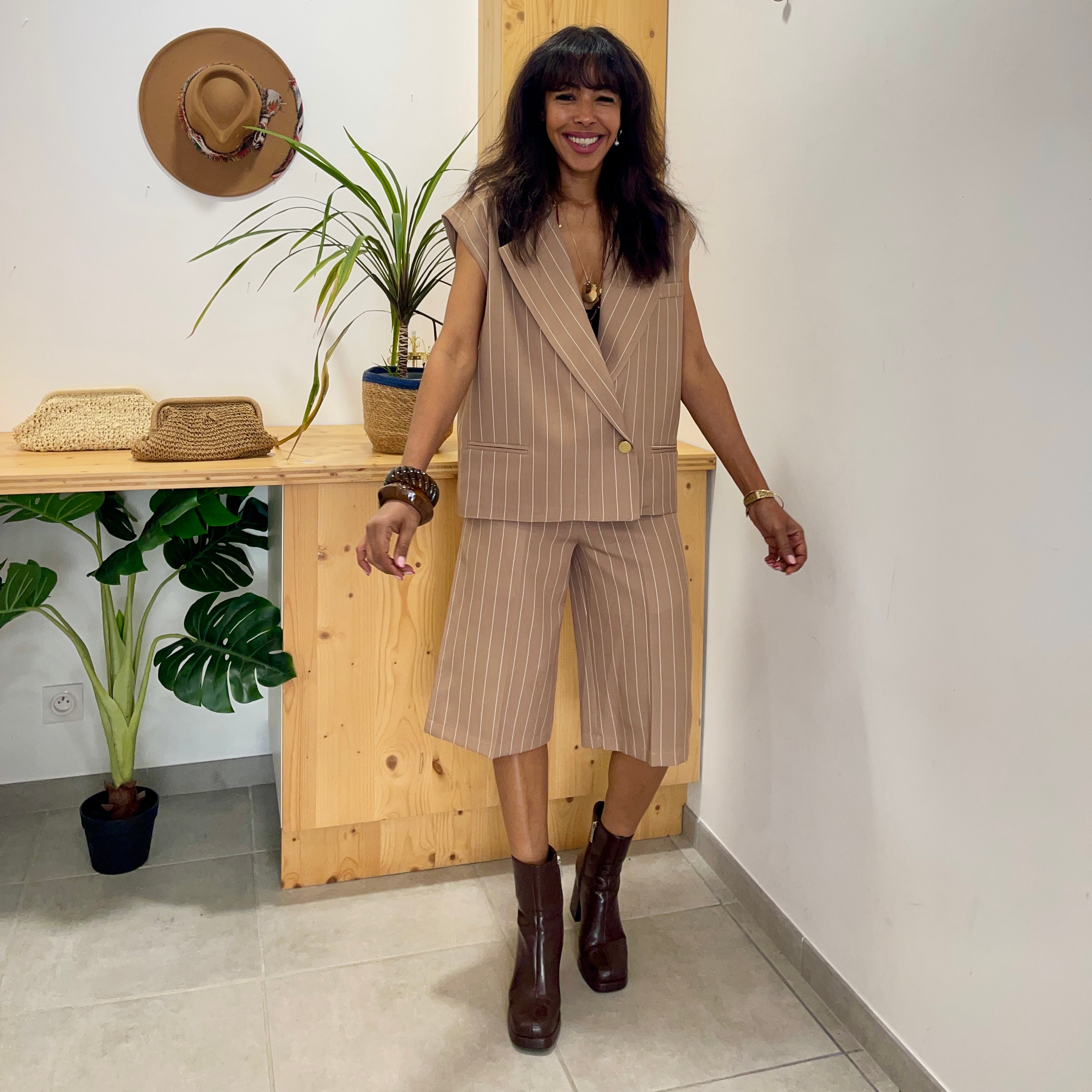 Blazer JULIA sans manches beige rayé blanc