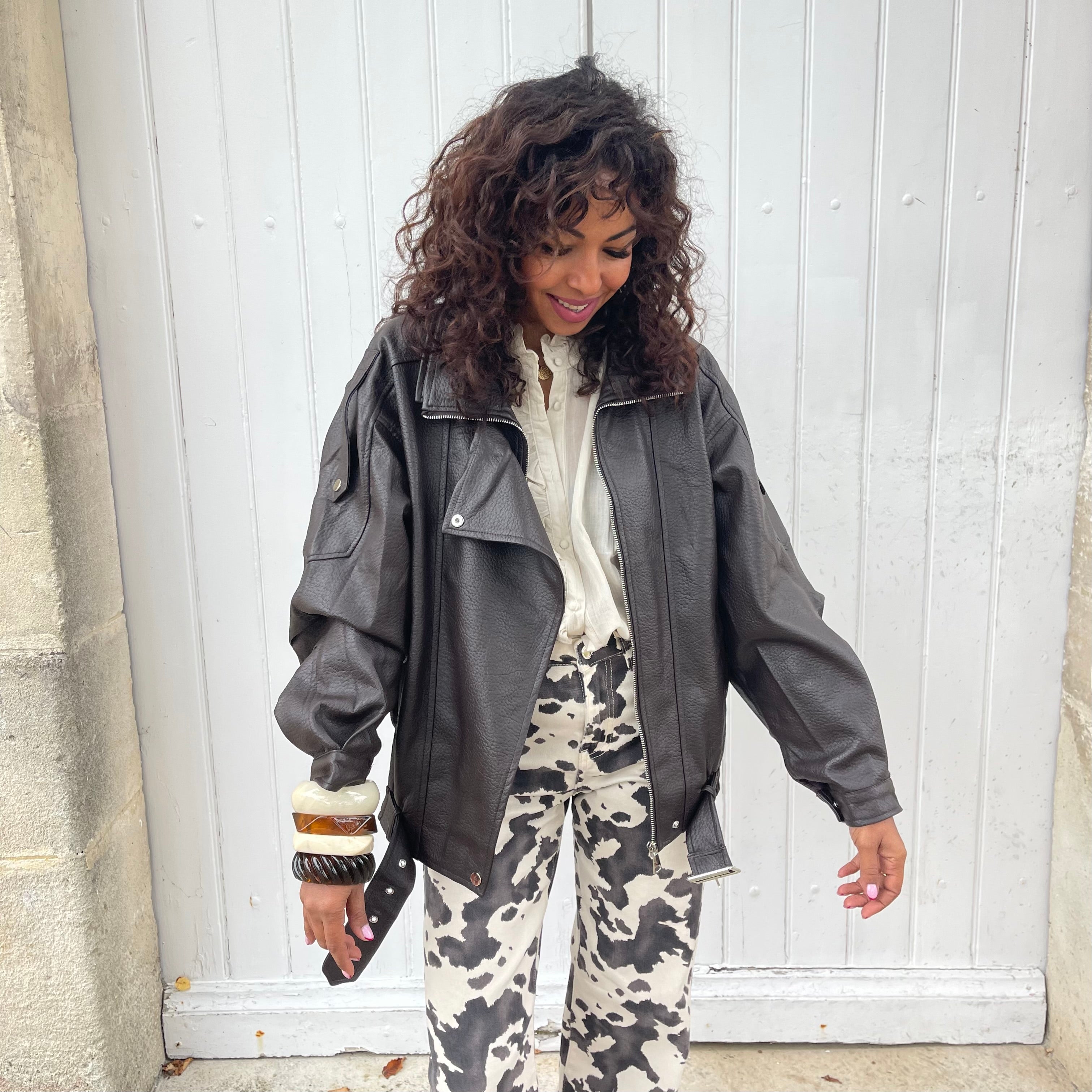 Veste perfecto LEA oversize effet cuir marron