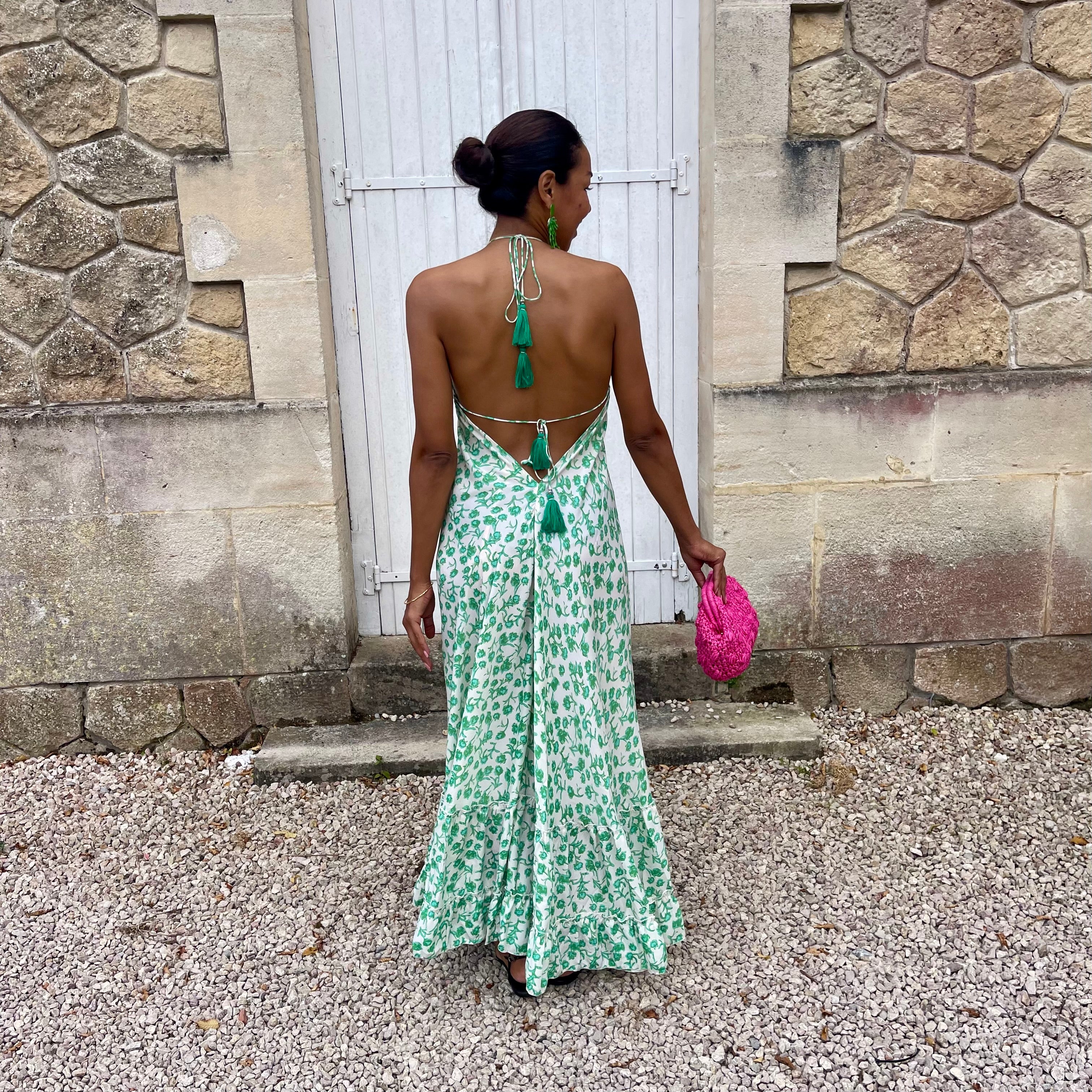 Robe longue SALVADORE dos nu à l'imprimé fleuri vert