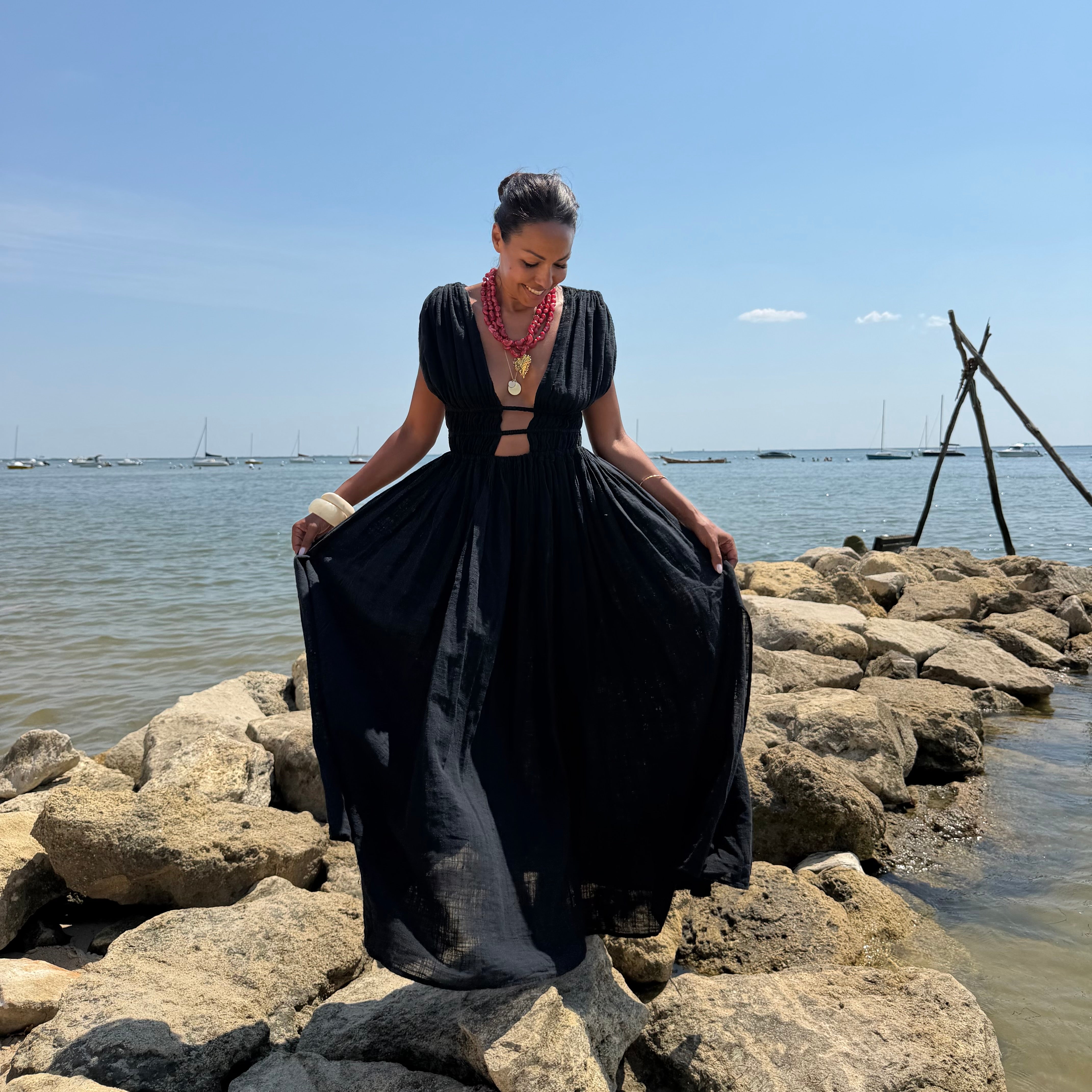 Robe GRECQUE bohème noire dos nu
