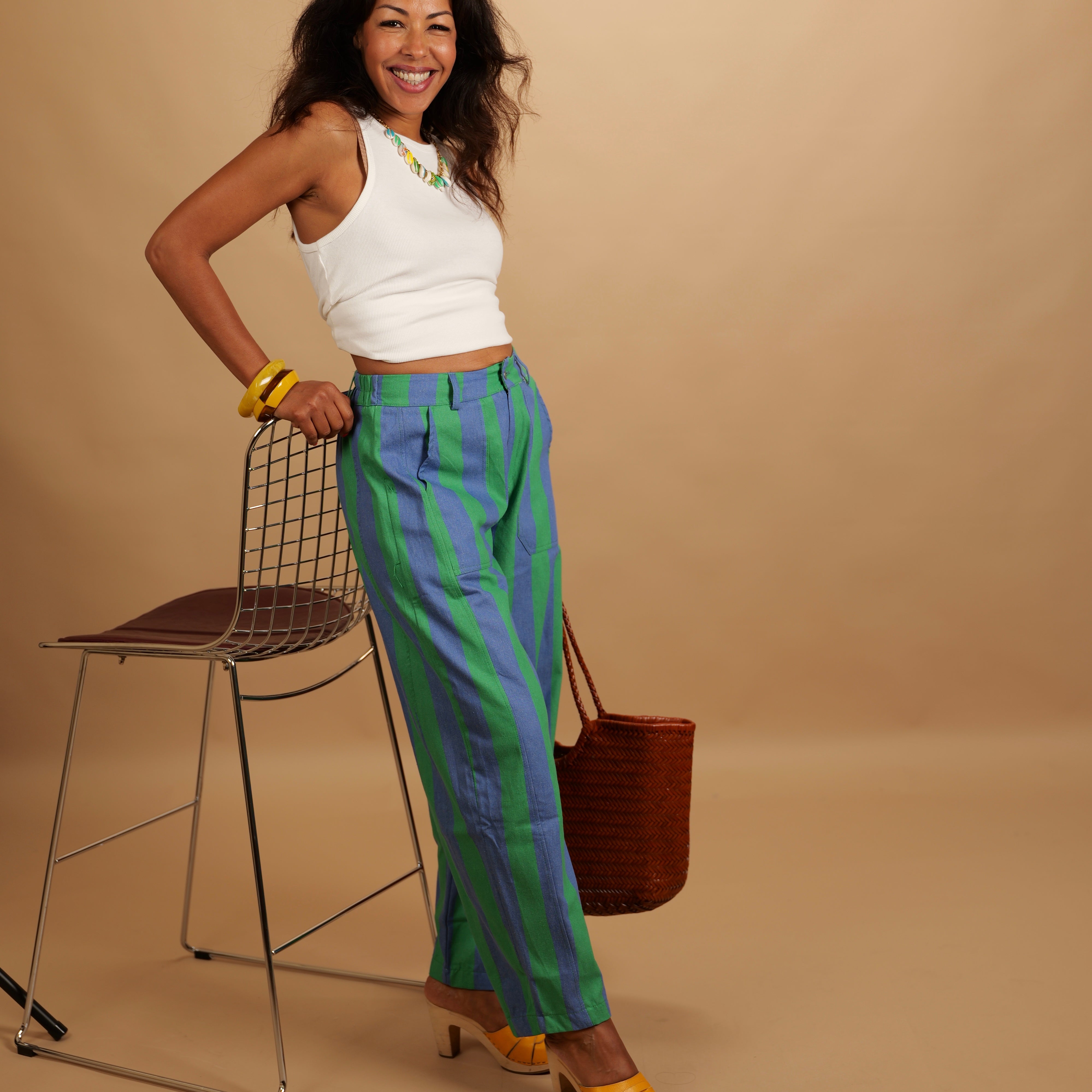 Pantalon LOUNA rayé bleu lavande & vert