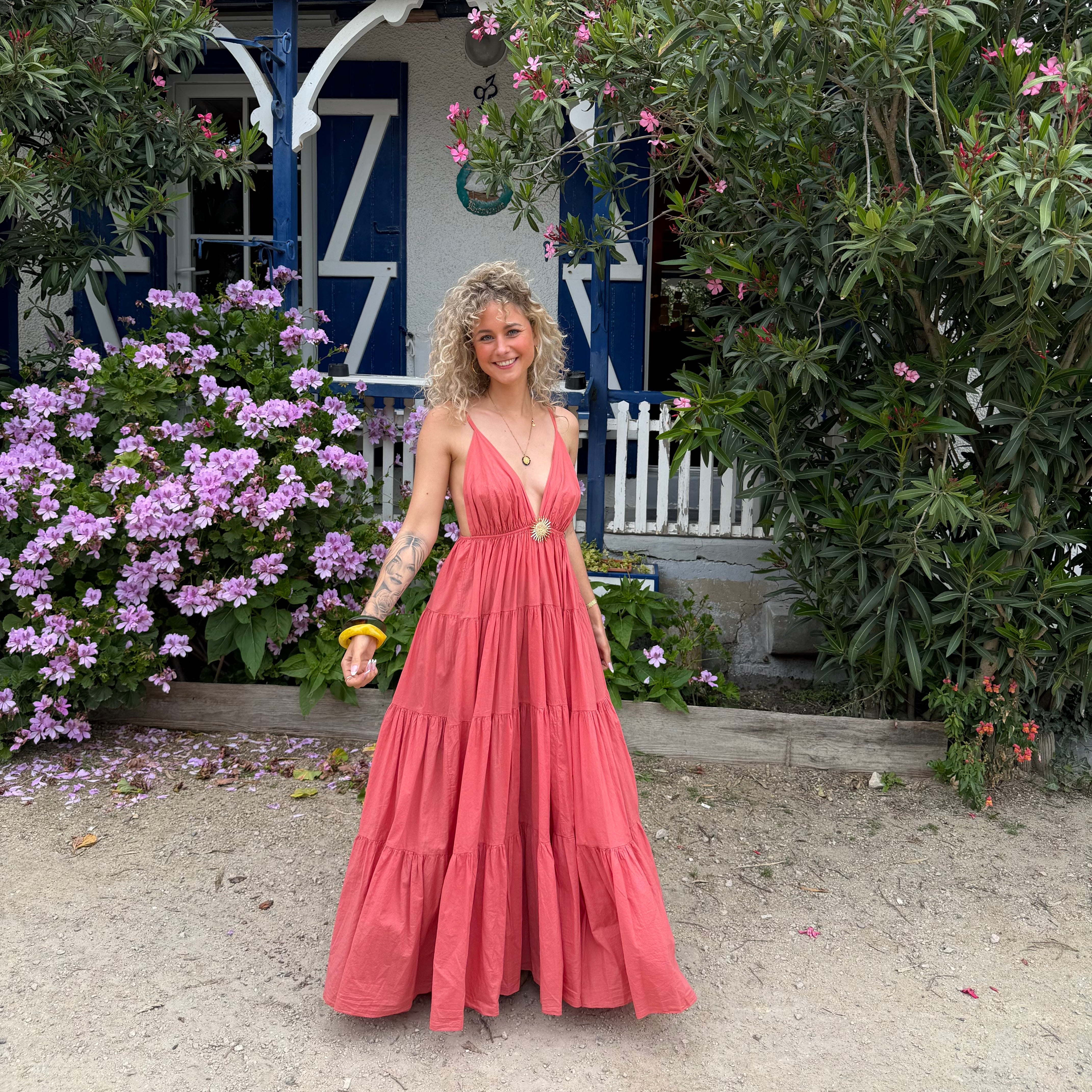 Robe longue SOLEIL bohème corail dos nu