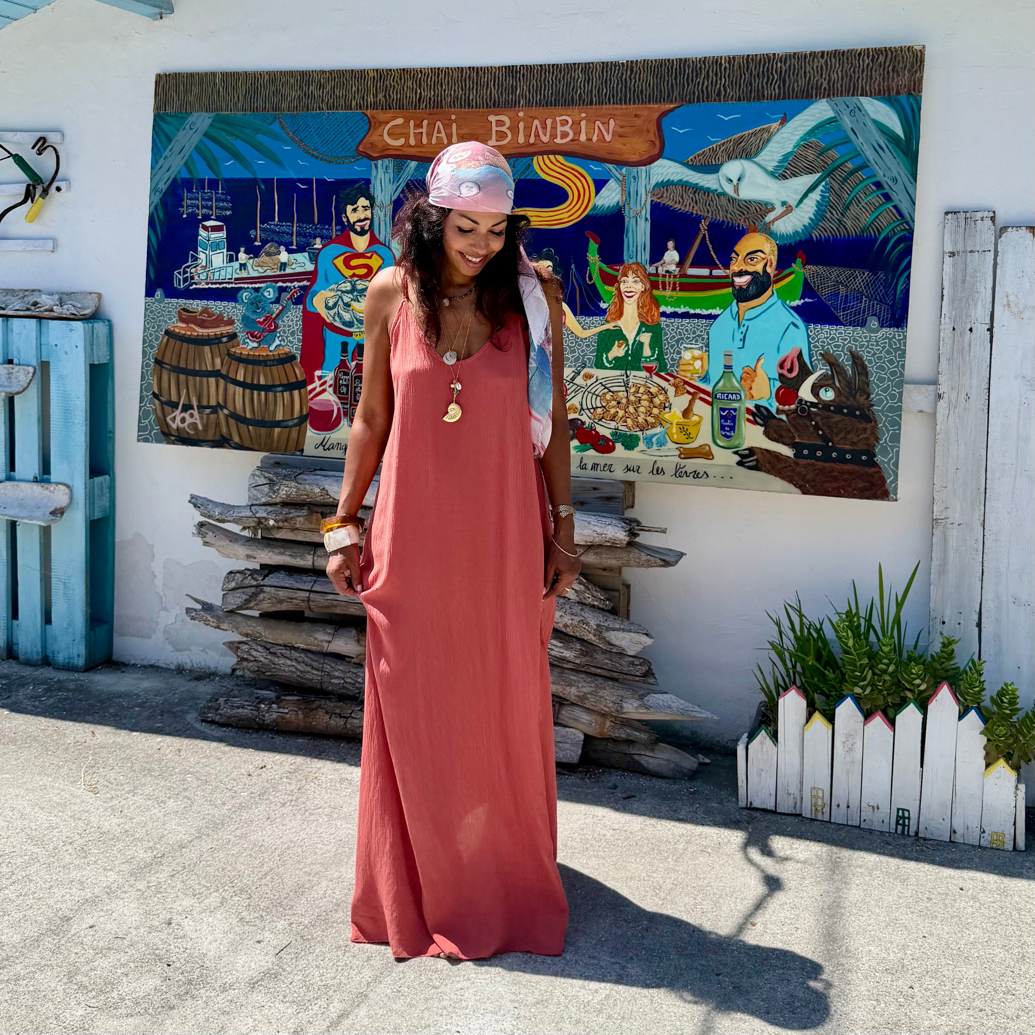 ROBE AZUR longue dos nu corail