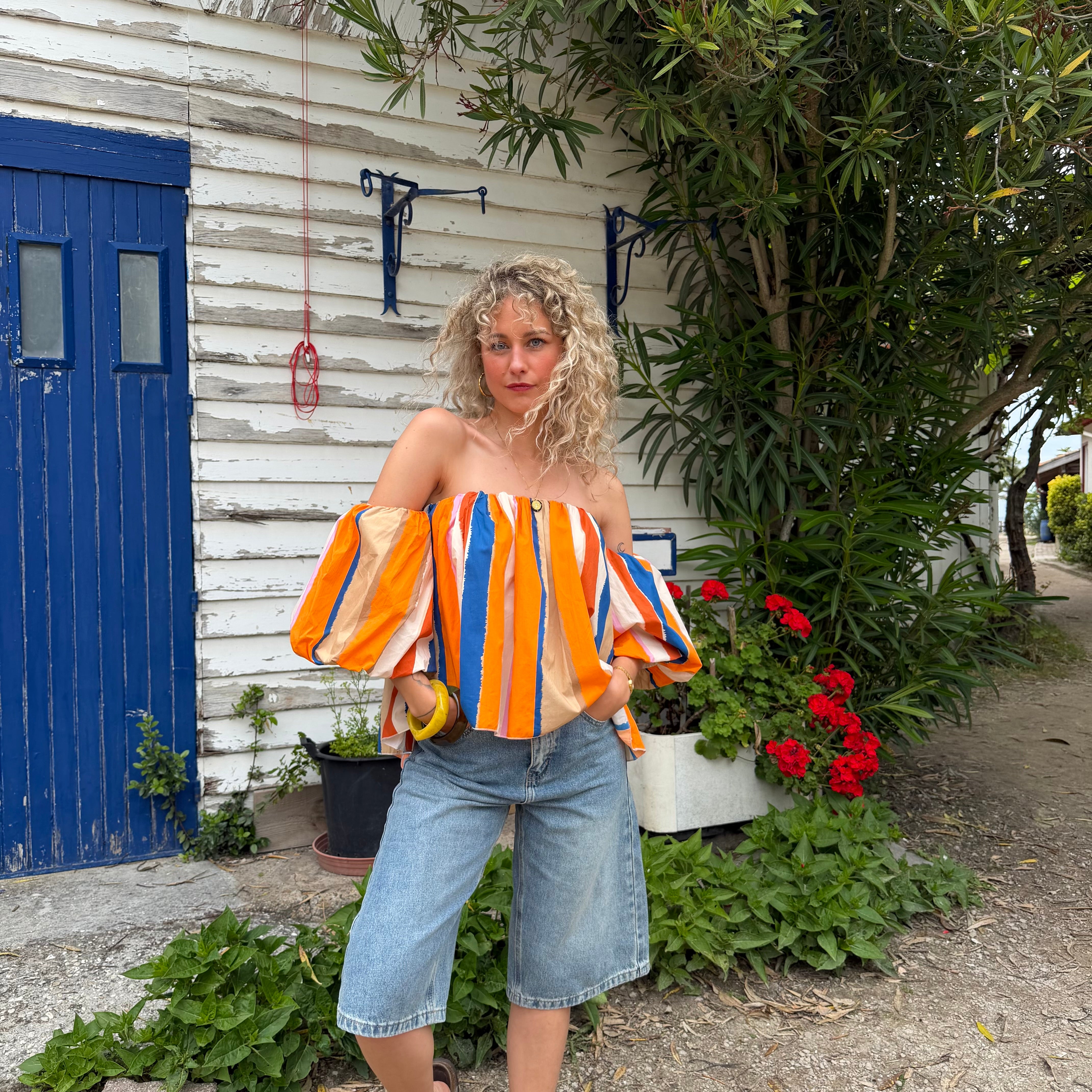 Blouse LIO rayée multicolore orange– coton – col bardot