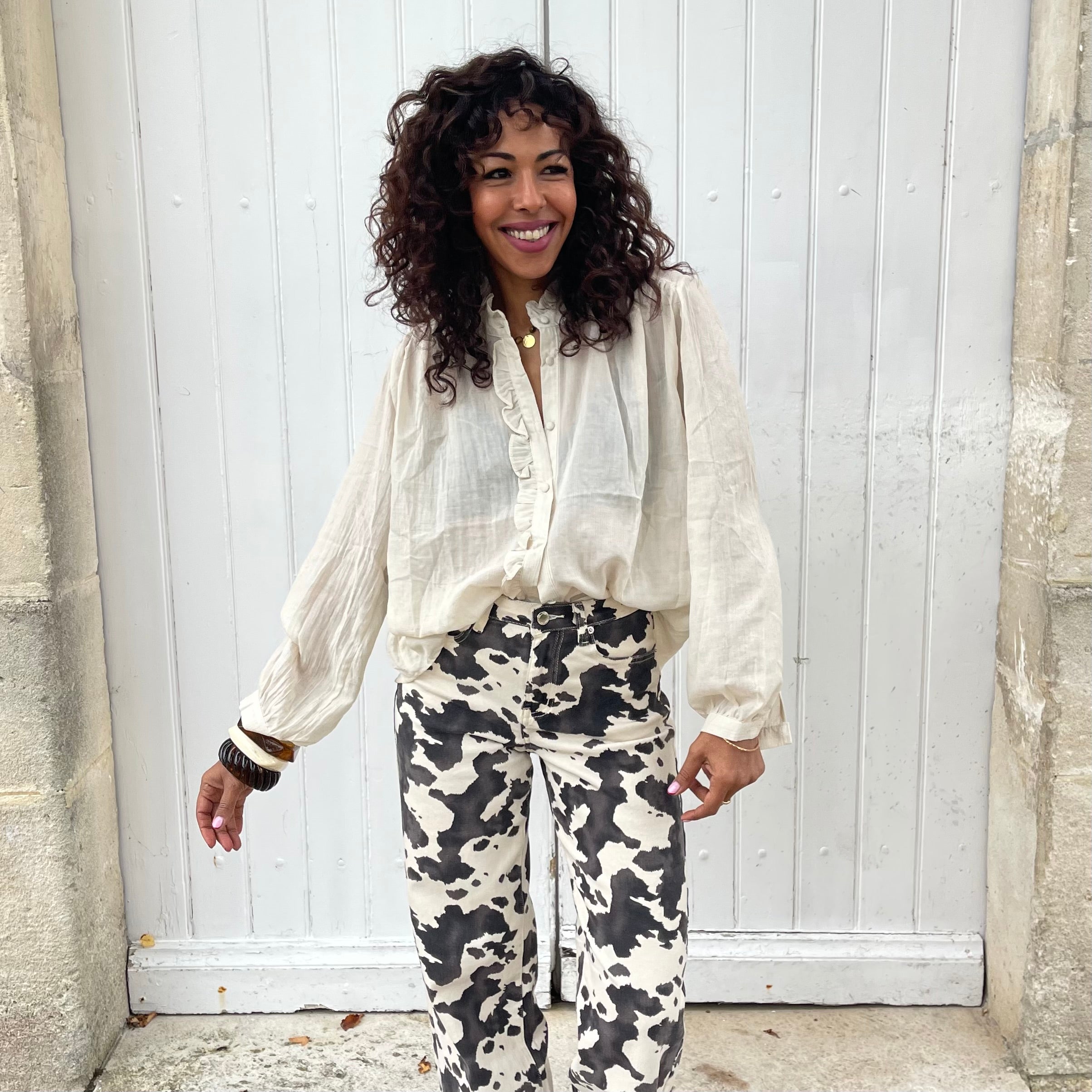 Blouse LENNY manches longues à volants beige