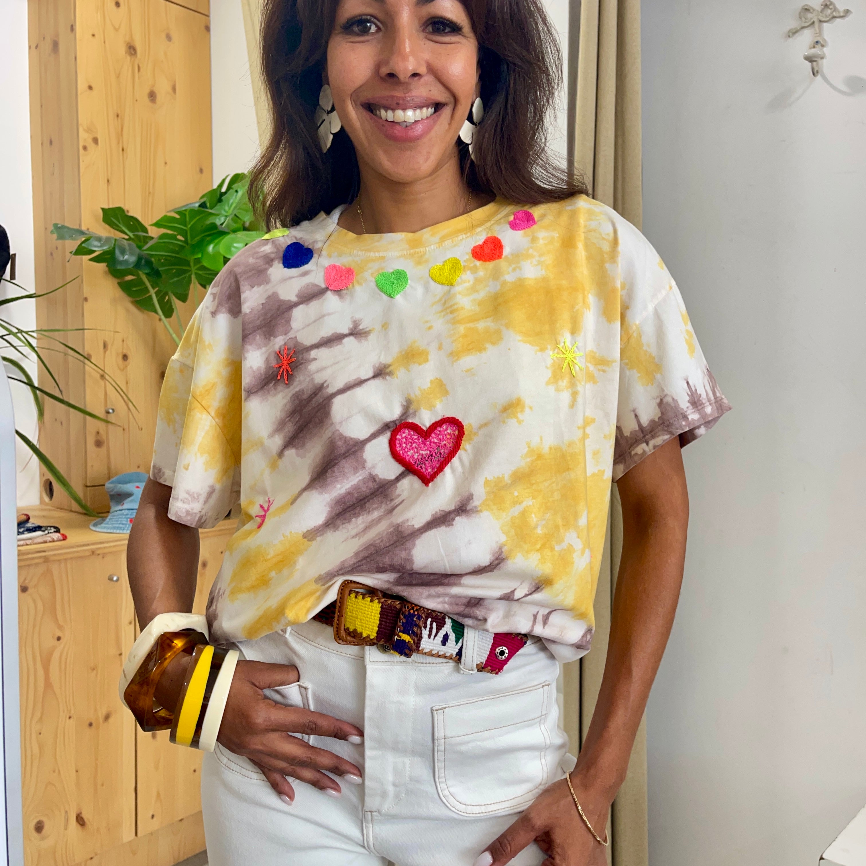 T-shirt manches courtes NAYA jaune Tie & Dye & Broderie Main