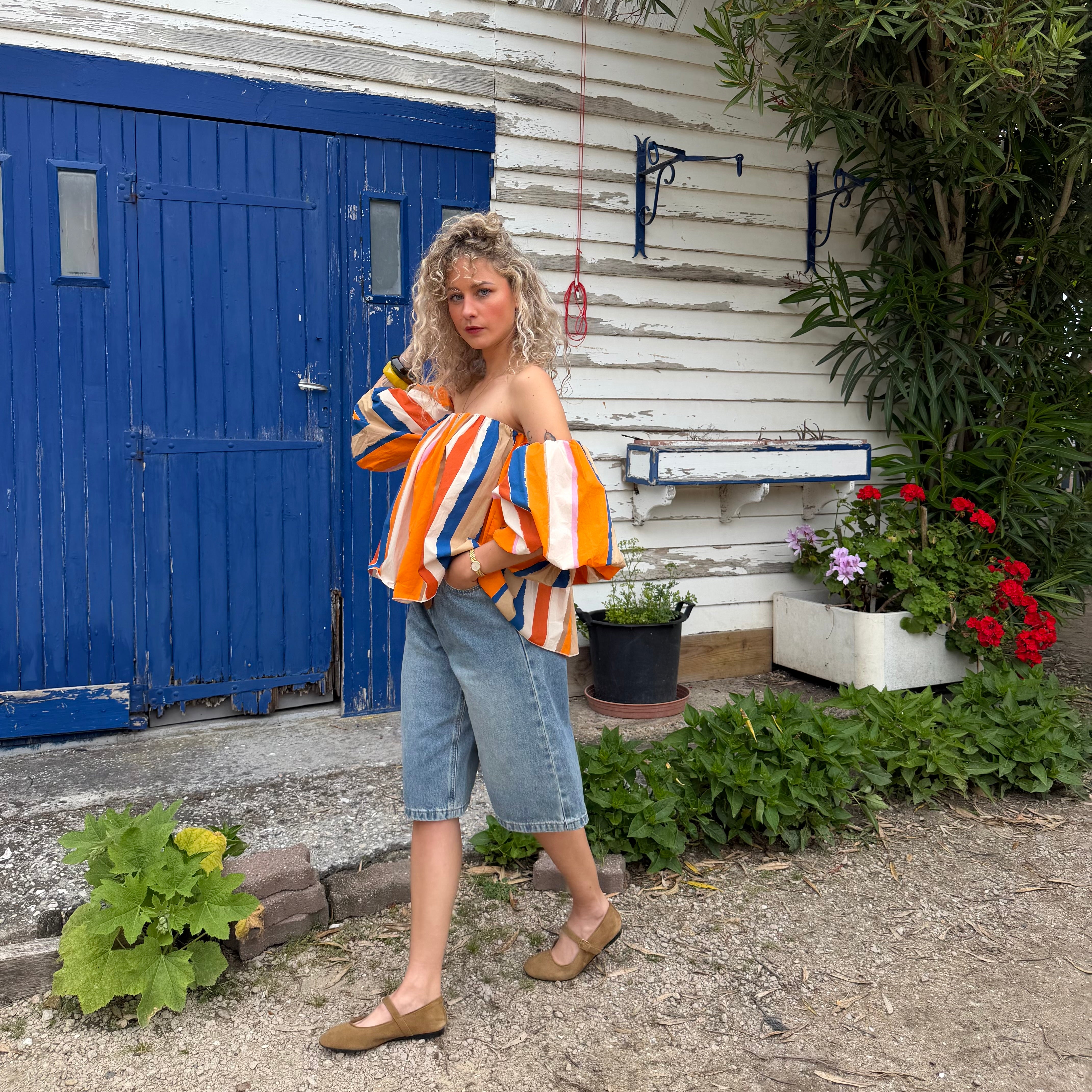 Blouse LIO rayée multicolore orange– coton – col bardot