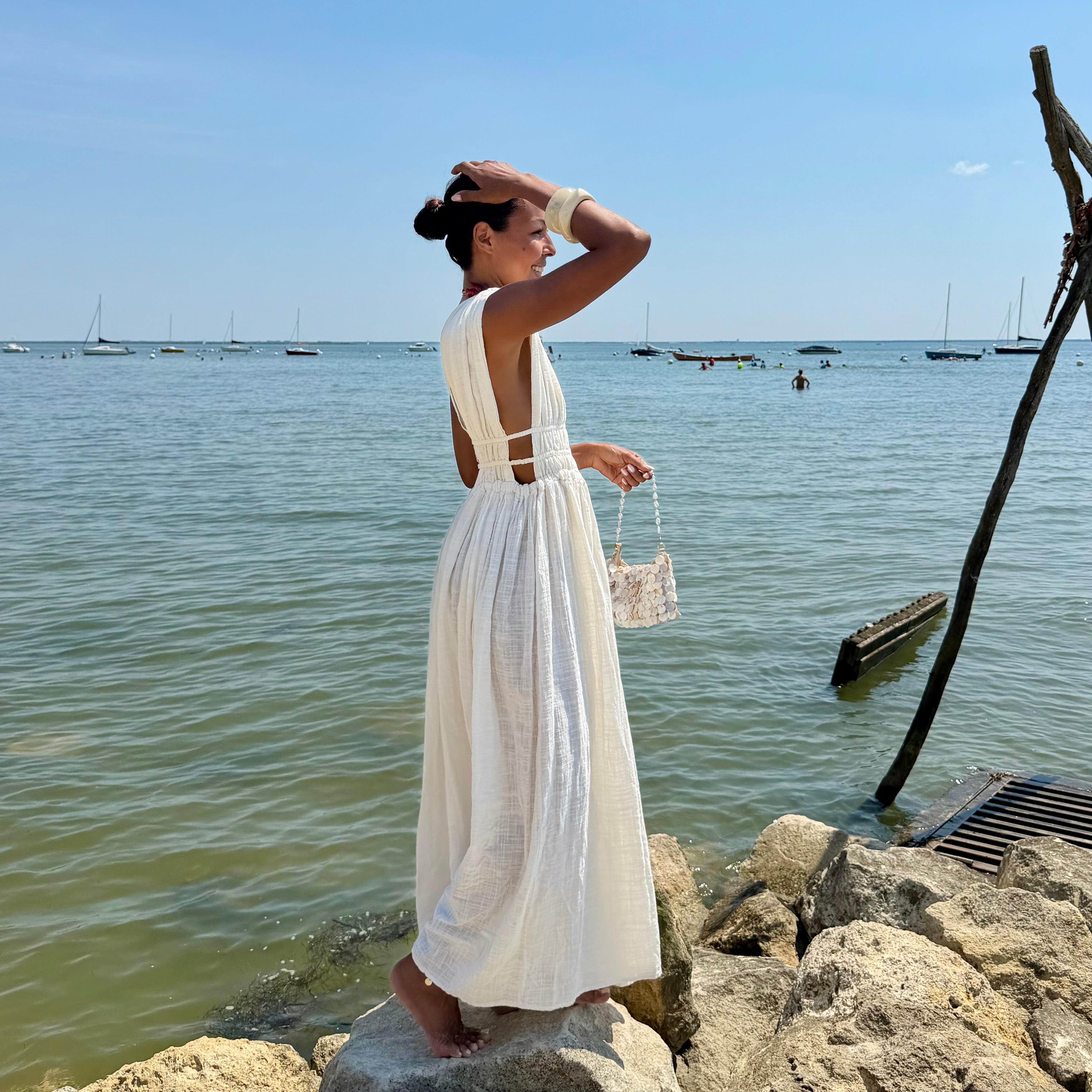 Robe GRECQUE bohème écru dos nu
