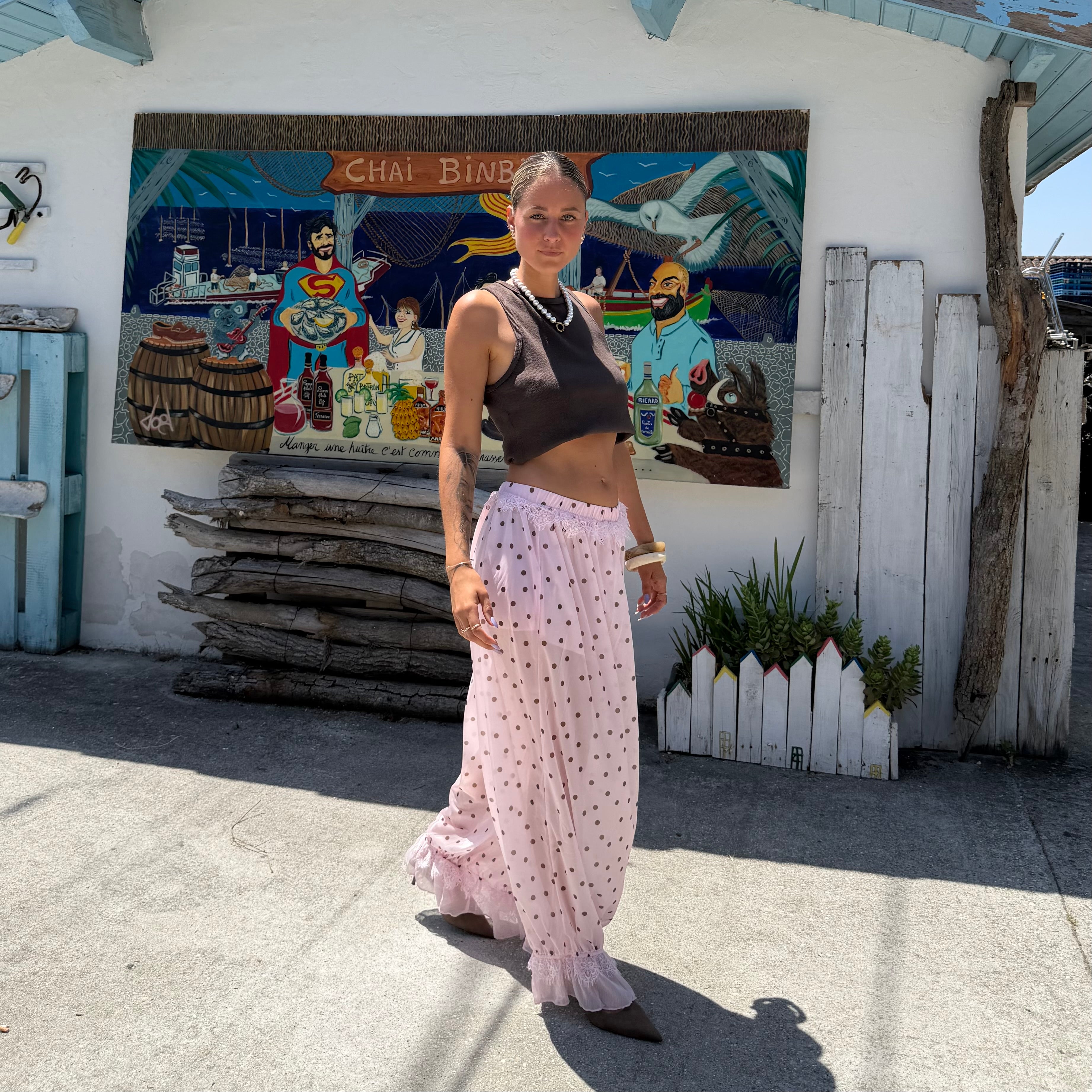 Pantalon VOILE rose à pois Rome boule détails dentelle