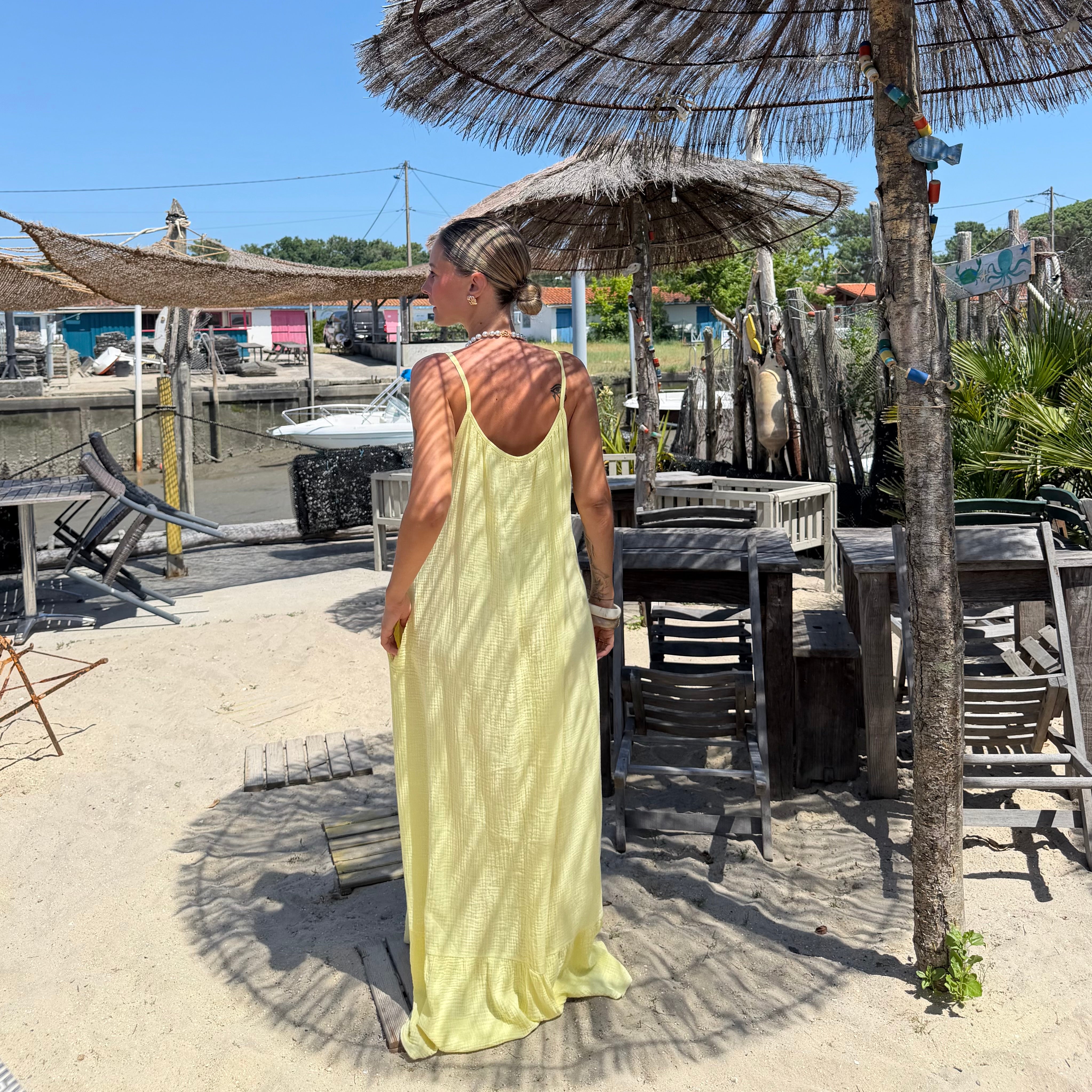 ROBE ANTA LONGUE GAZE DE COTON JAUNE CITRON