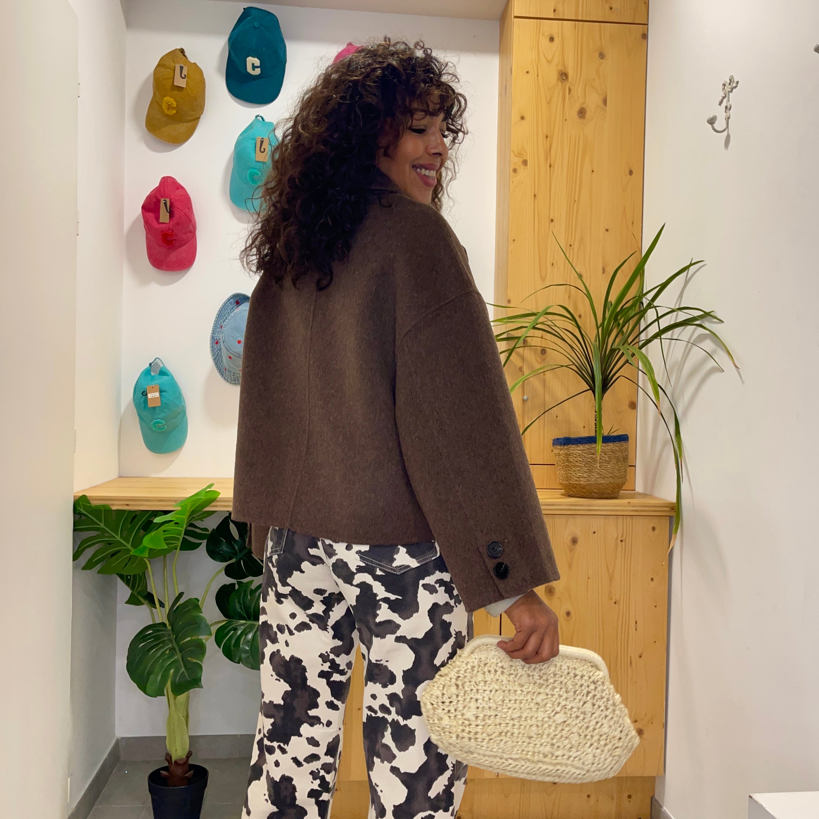 Manteau marron court ELIOTE en laine et Cashmere fait main