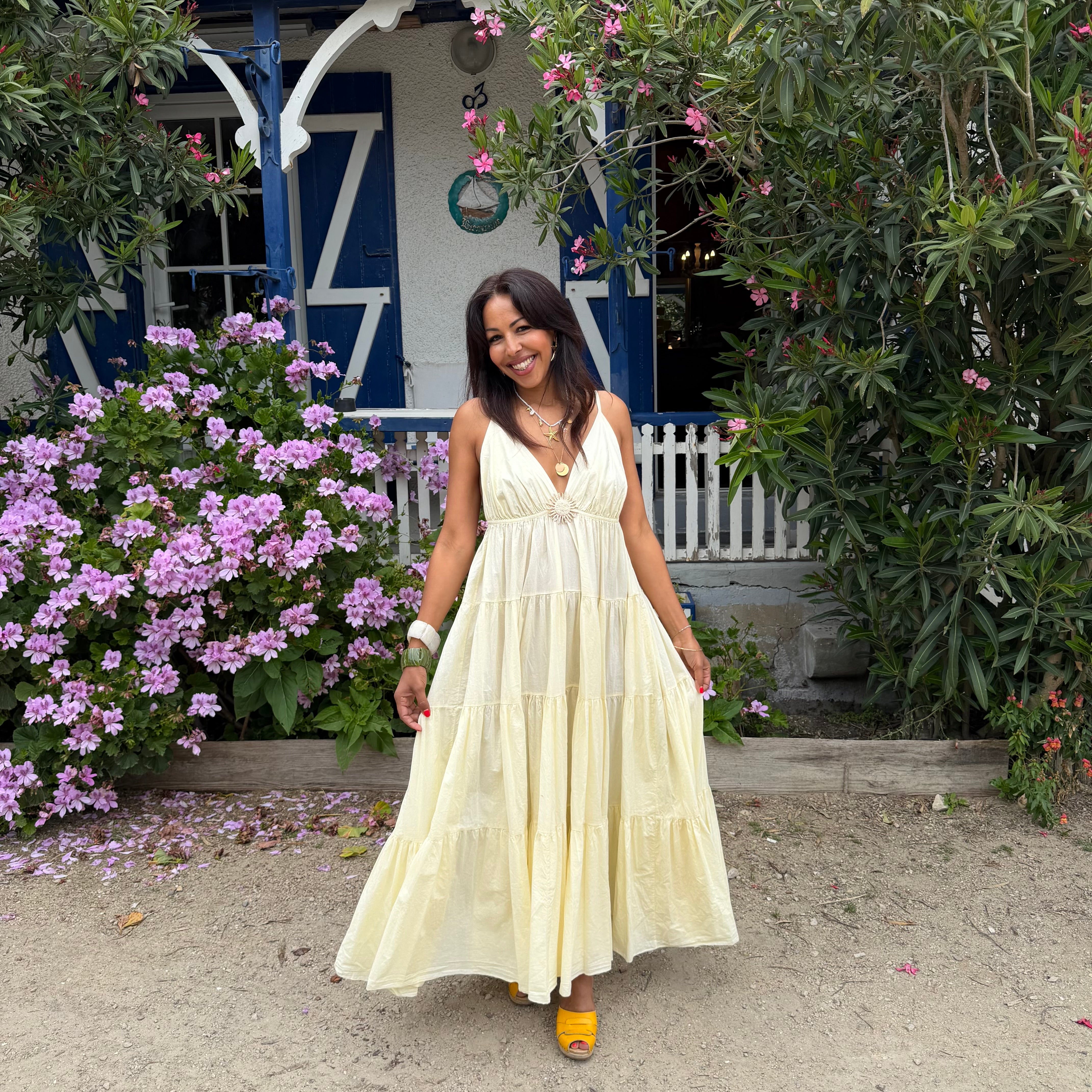 Robe longue SOLEIL bohème jaune dos nu