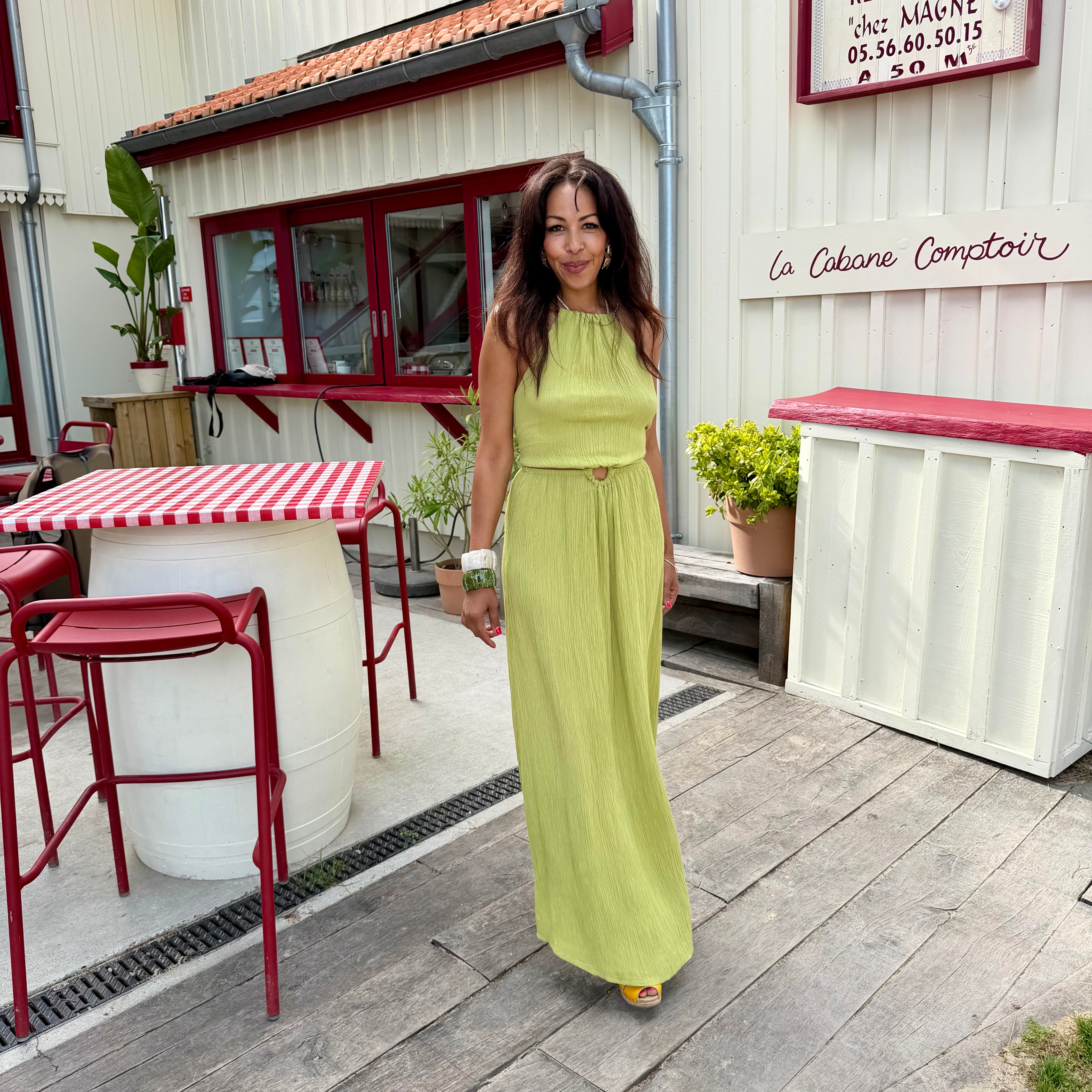 Robe longue DÉESSE dos nu vert irisée