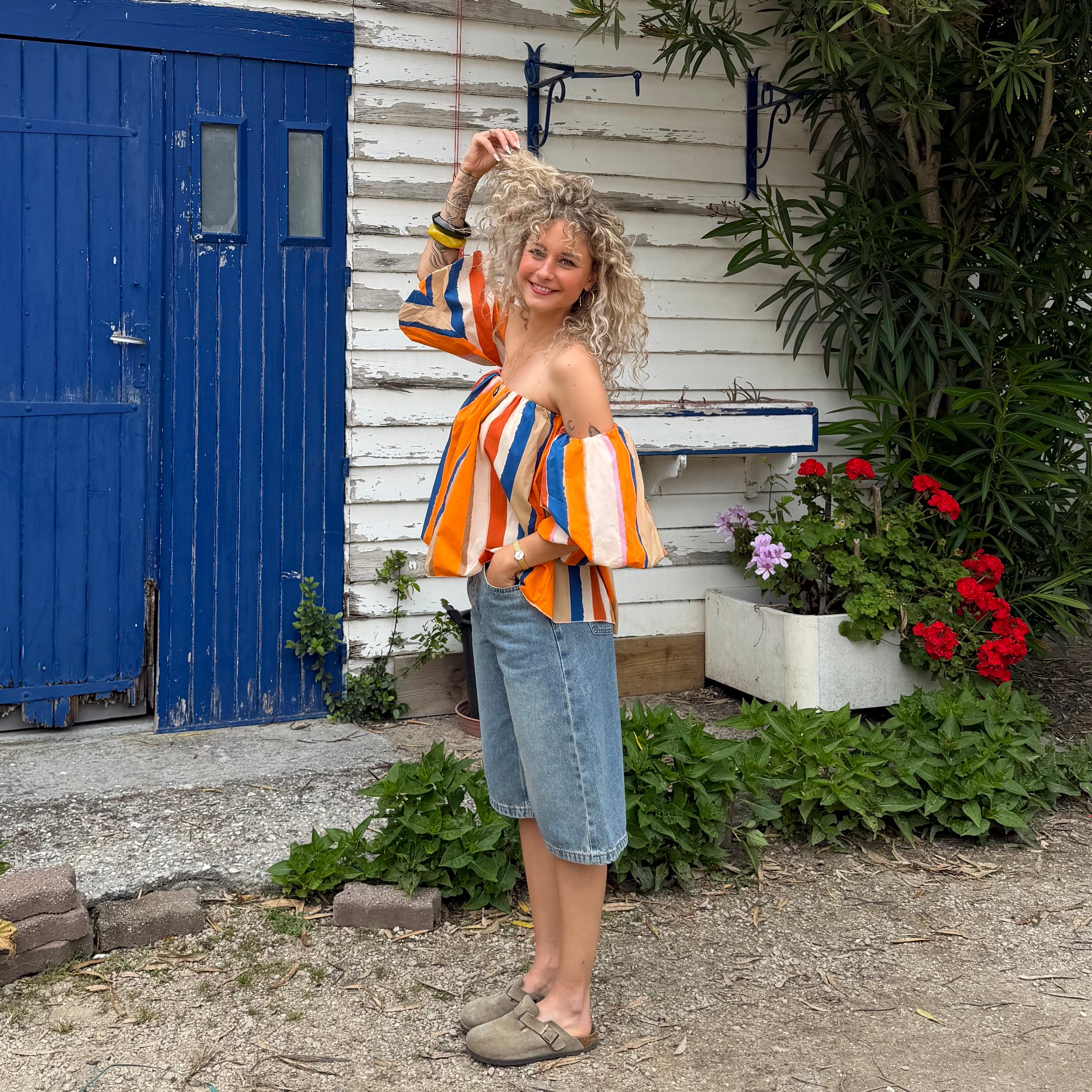 Blouse LIO rayée multicolore orange– coton – col bardot
