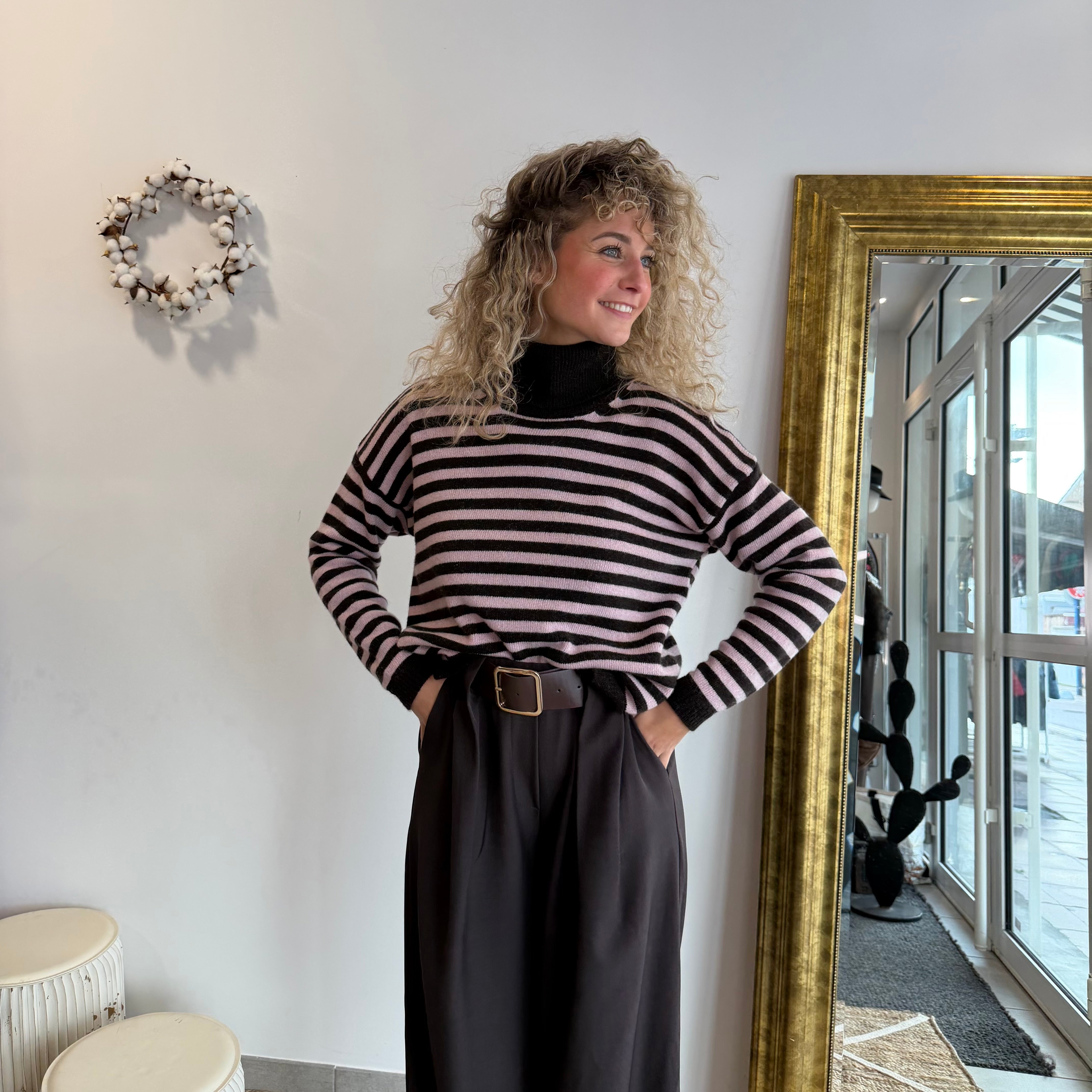 Pull col roulé rayé, CHARLIE, marron et rose laine et cachemire