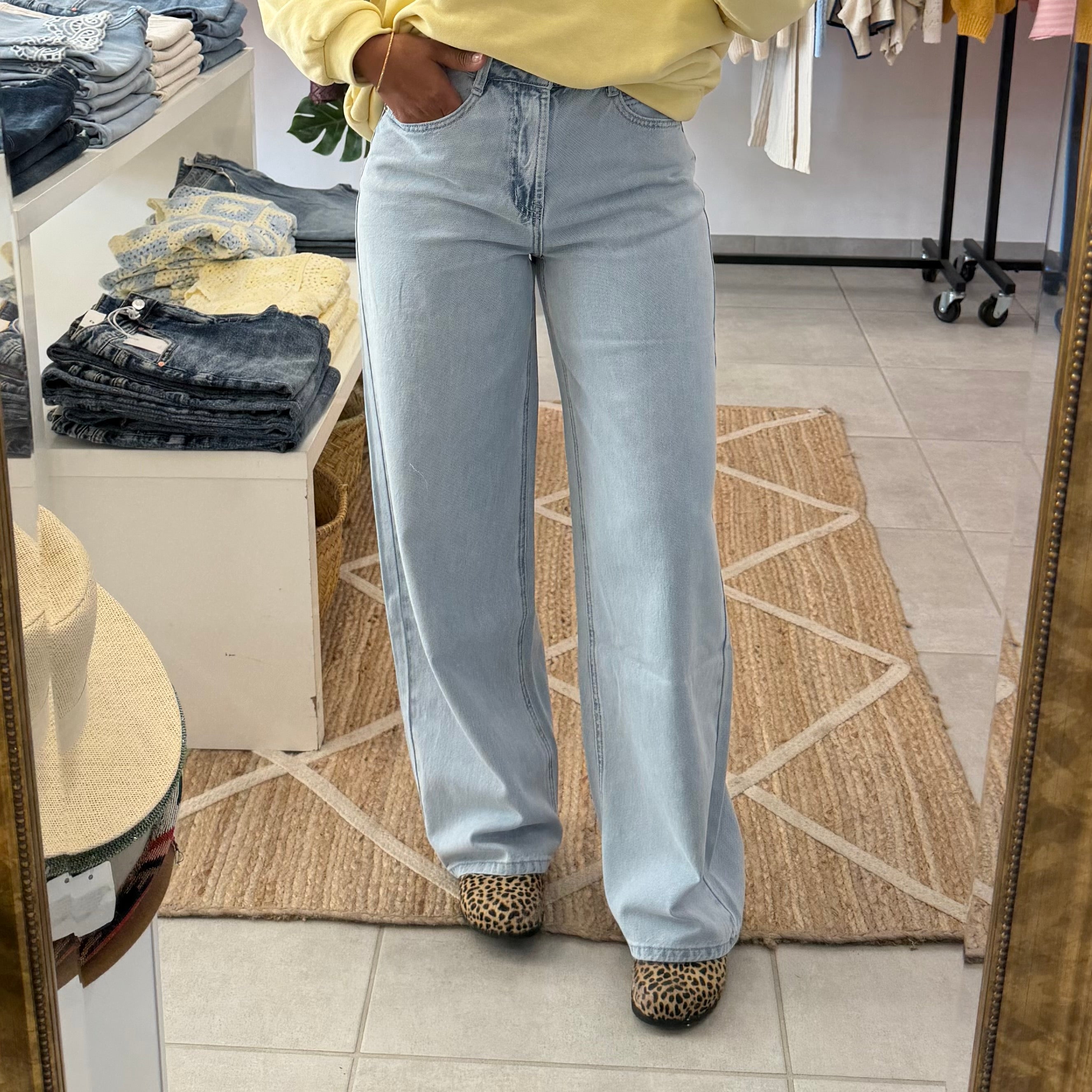 Pantalon fluide JOLY taille haute en coton lyocell effet denim bleu ciel