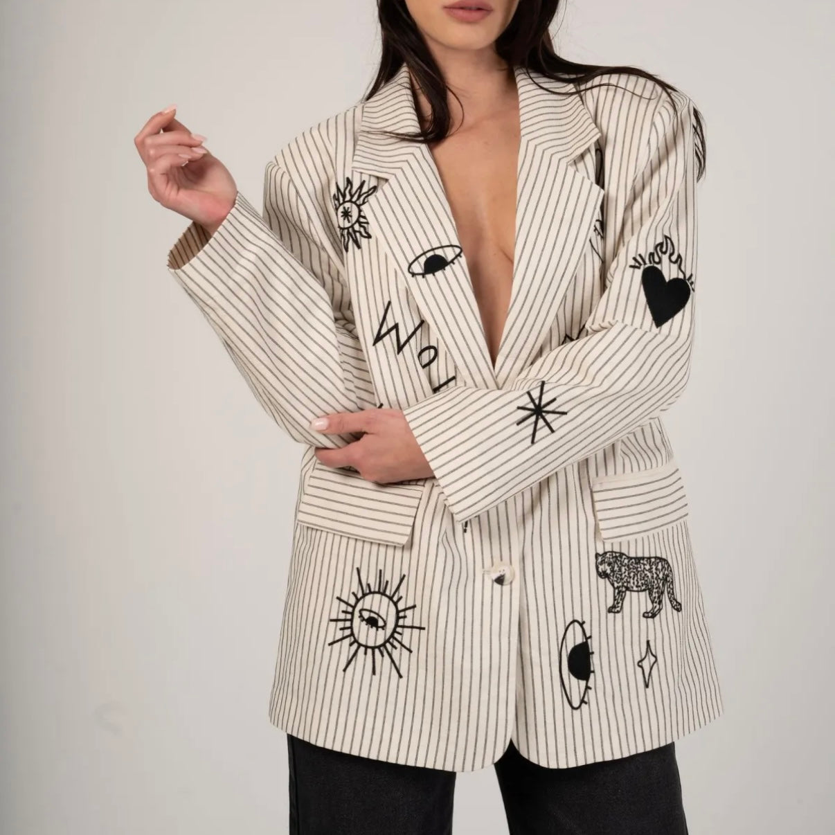 Blazer ANNIE rayé brodé écru & noir