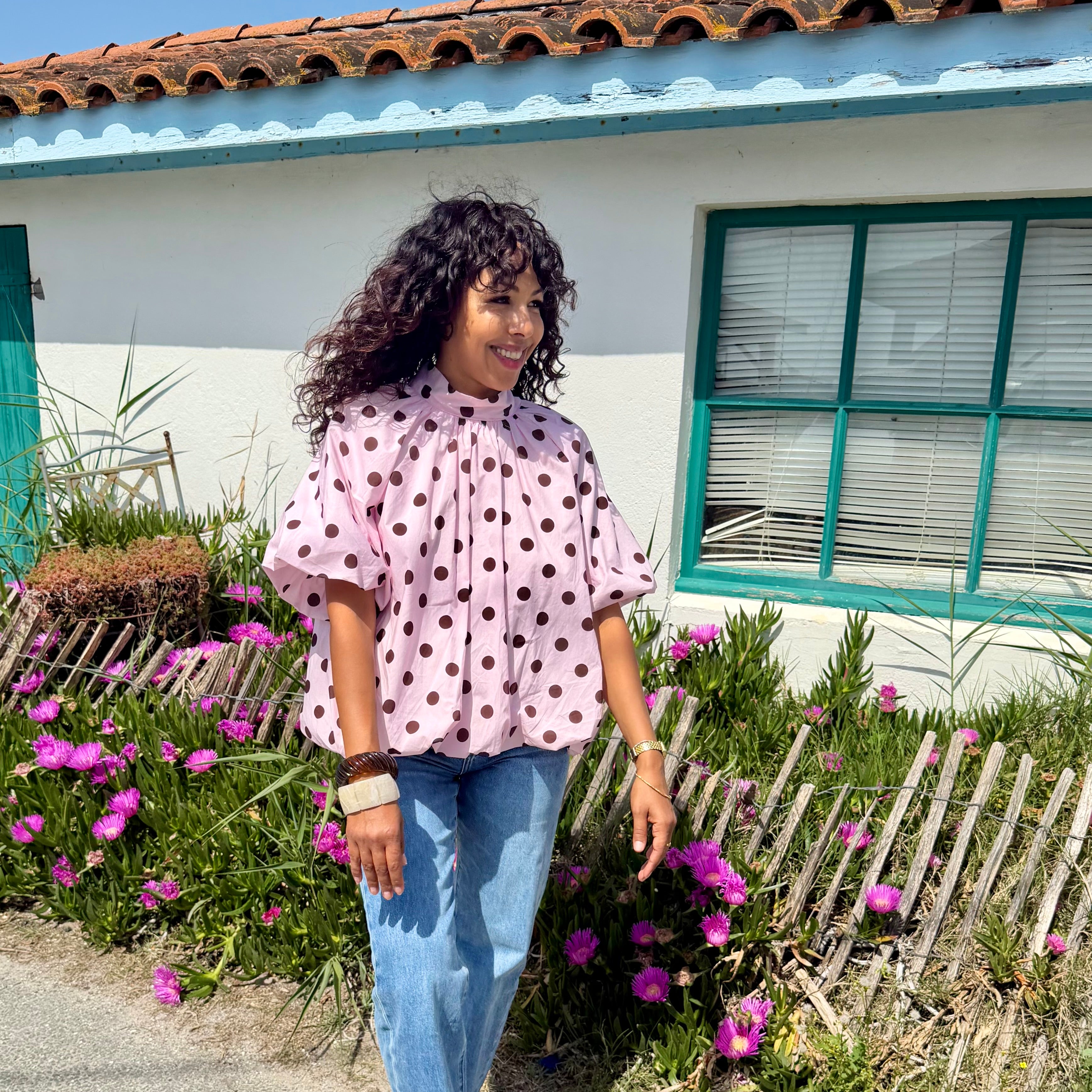 Blouse POIS dos nu rose et marron