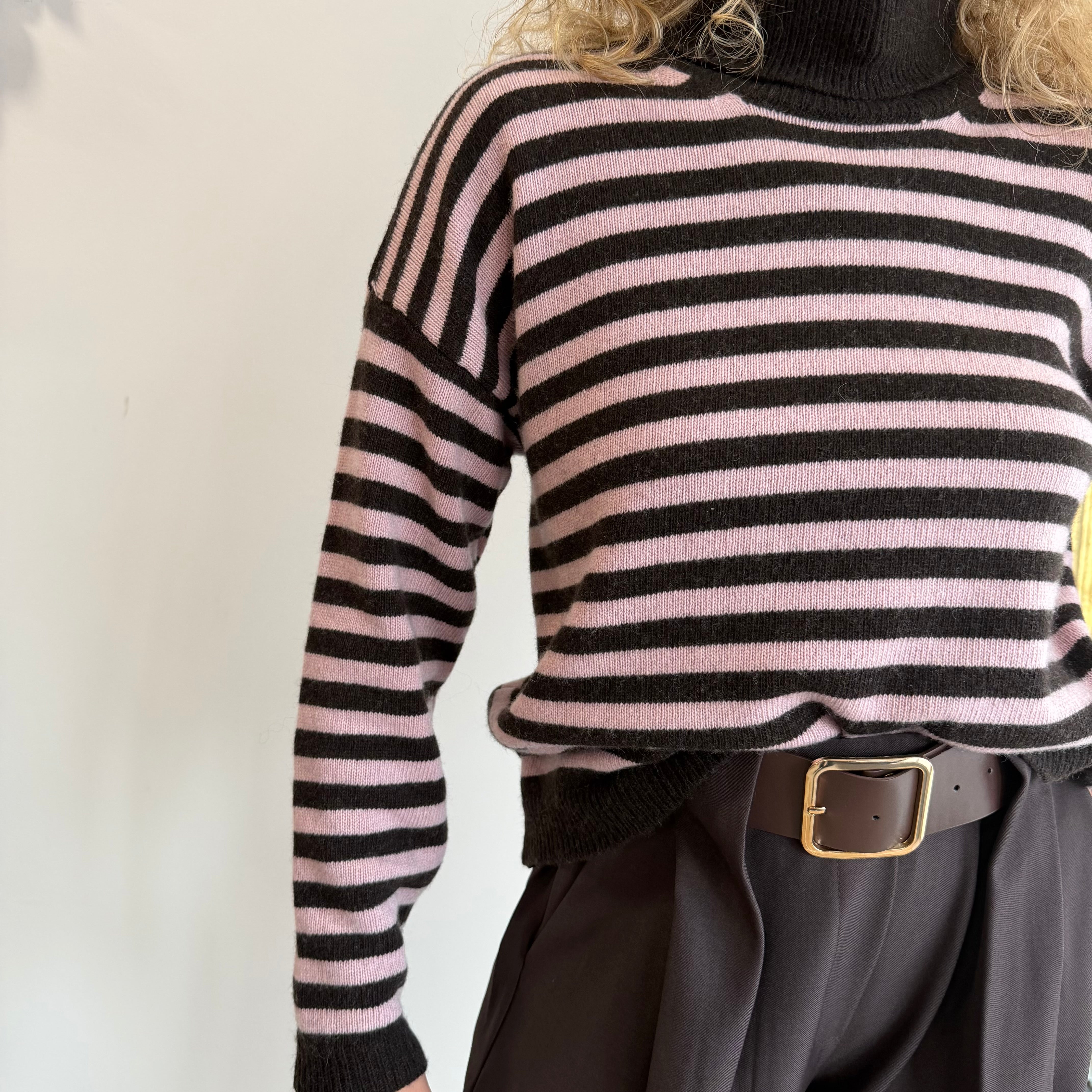 Pull col roulé rayé, CHARLIE, marron et rose laine et cachemire