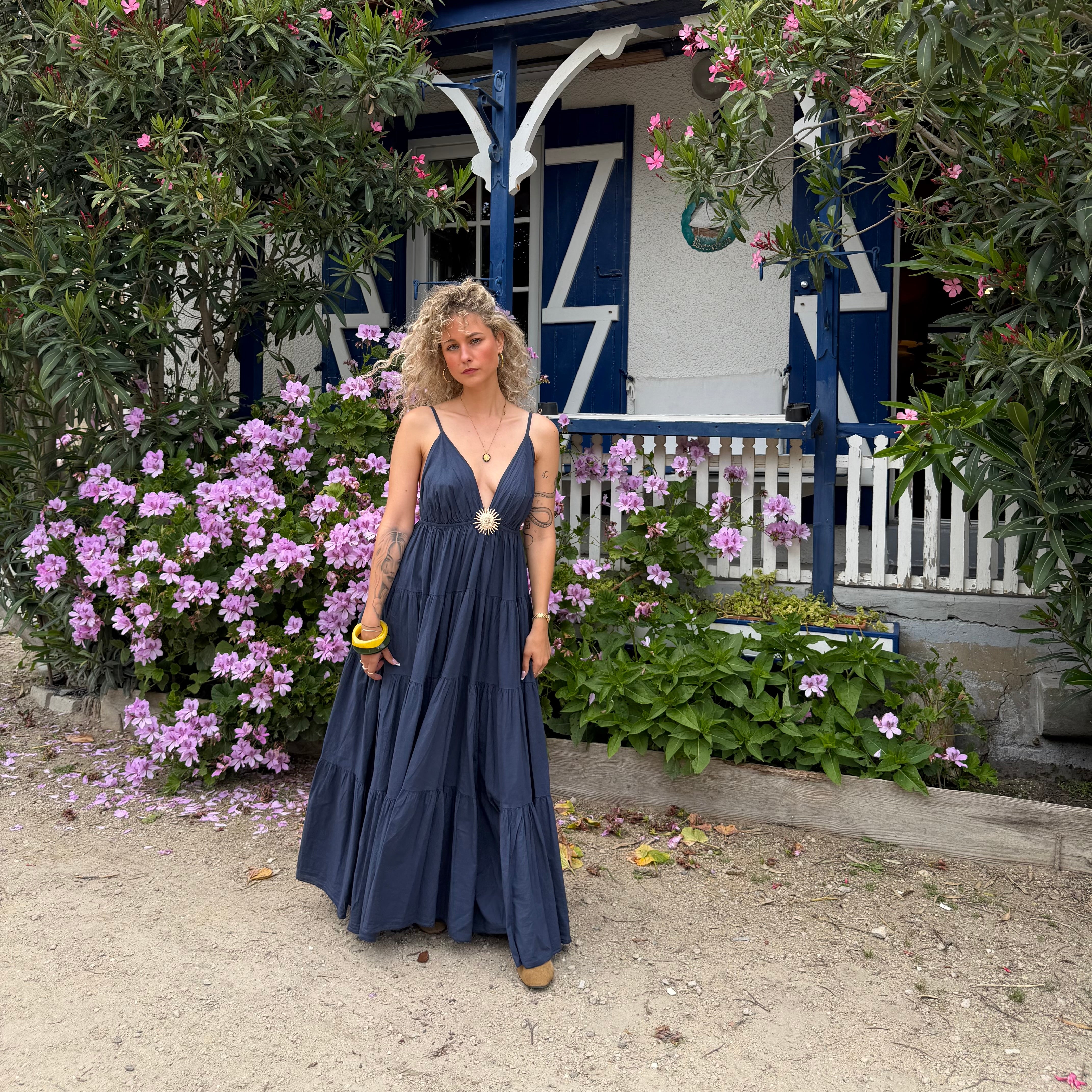 Robe longue SOLEIL bohème bleu marine dos nu