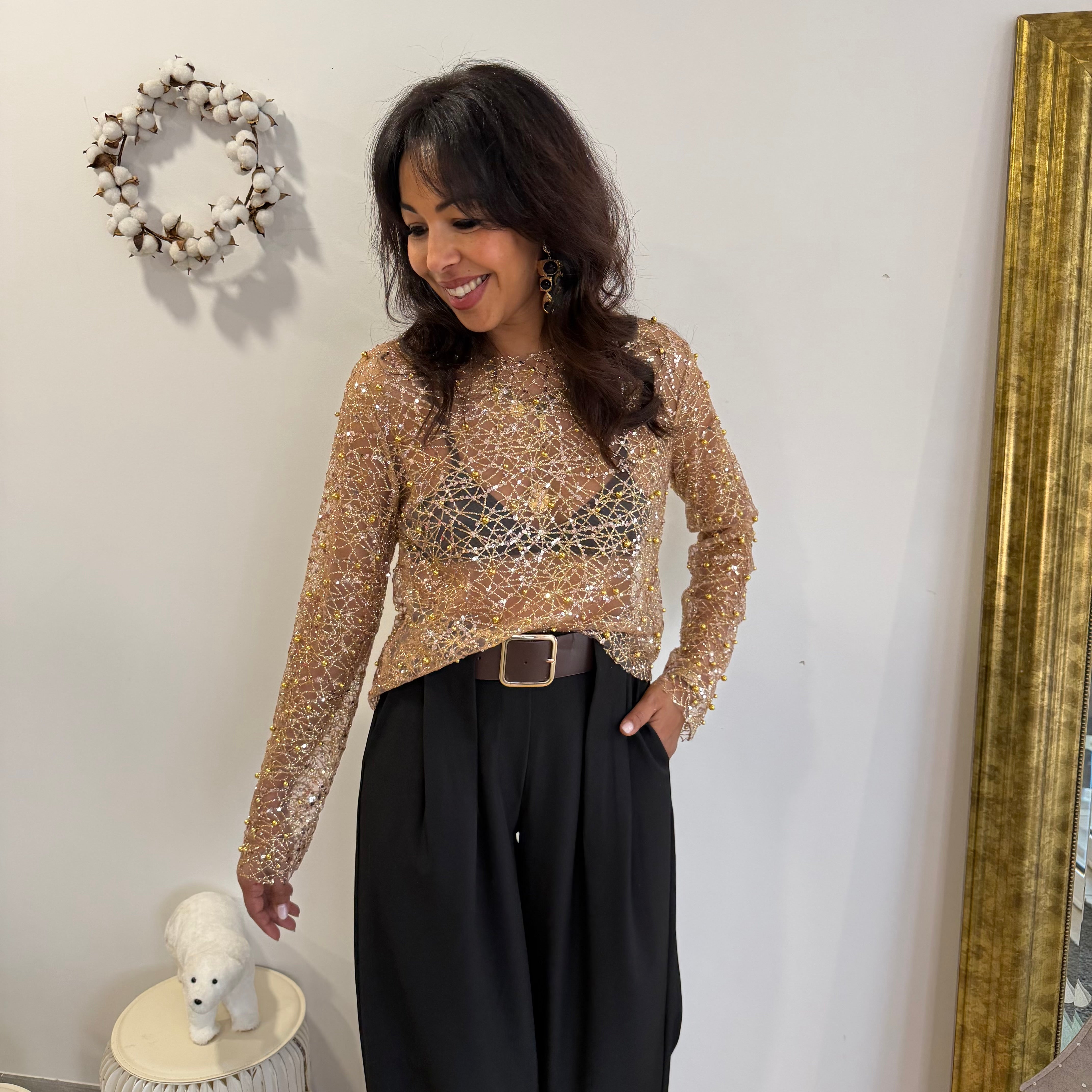 Blouse IRIS doré à sequins, paillettes, perles