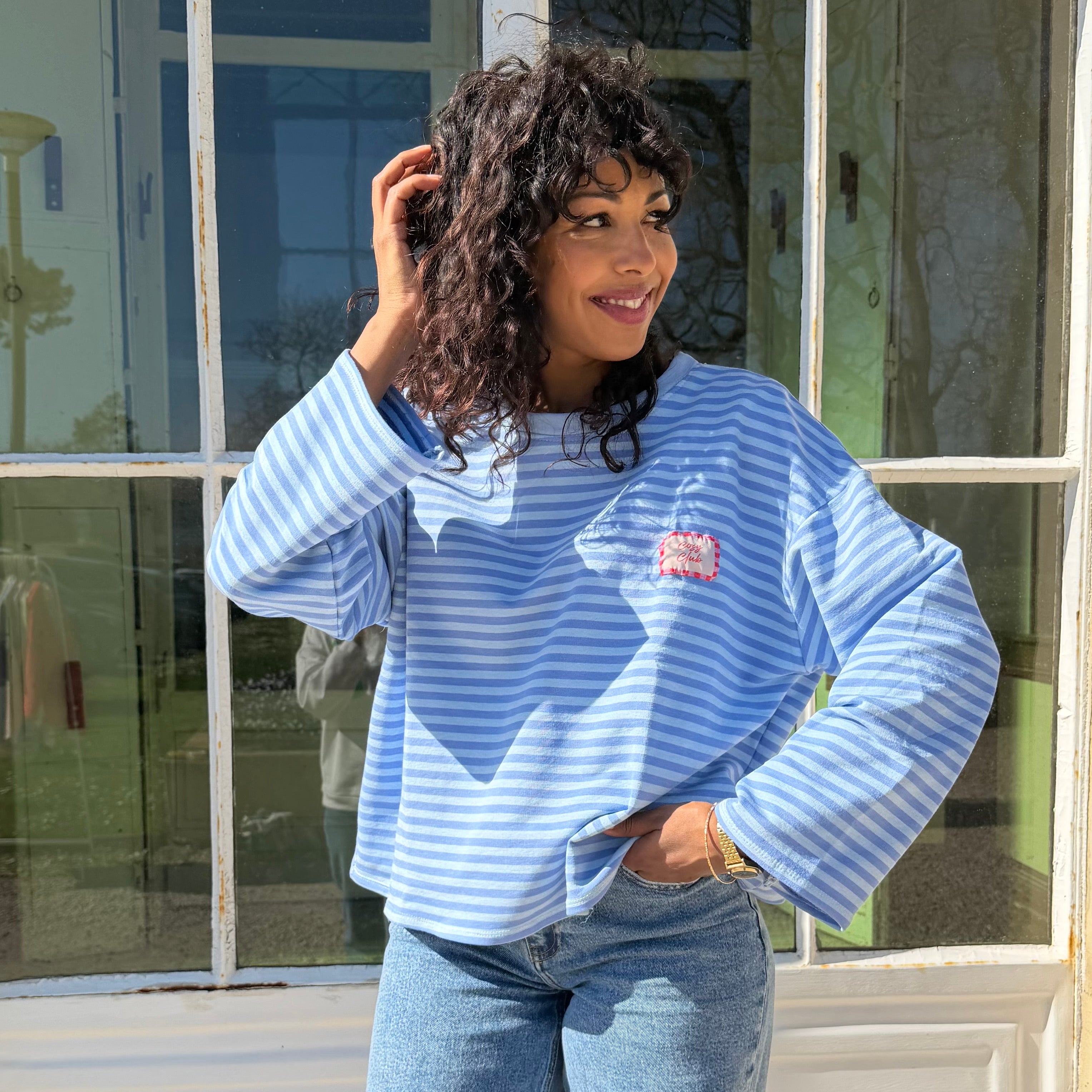 T-shirt CLUB marinière bleu aux manche longues et à la coupe oversize