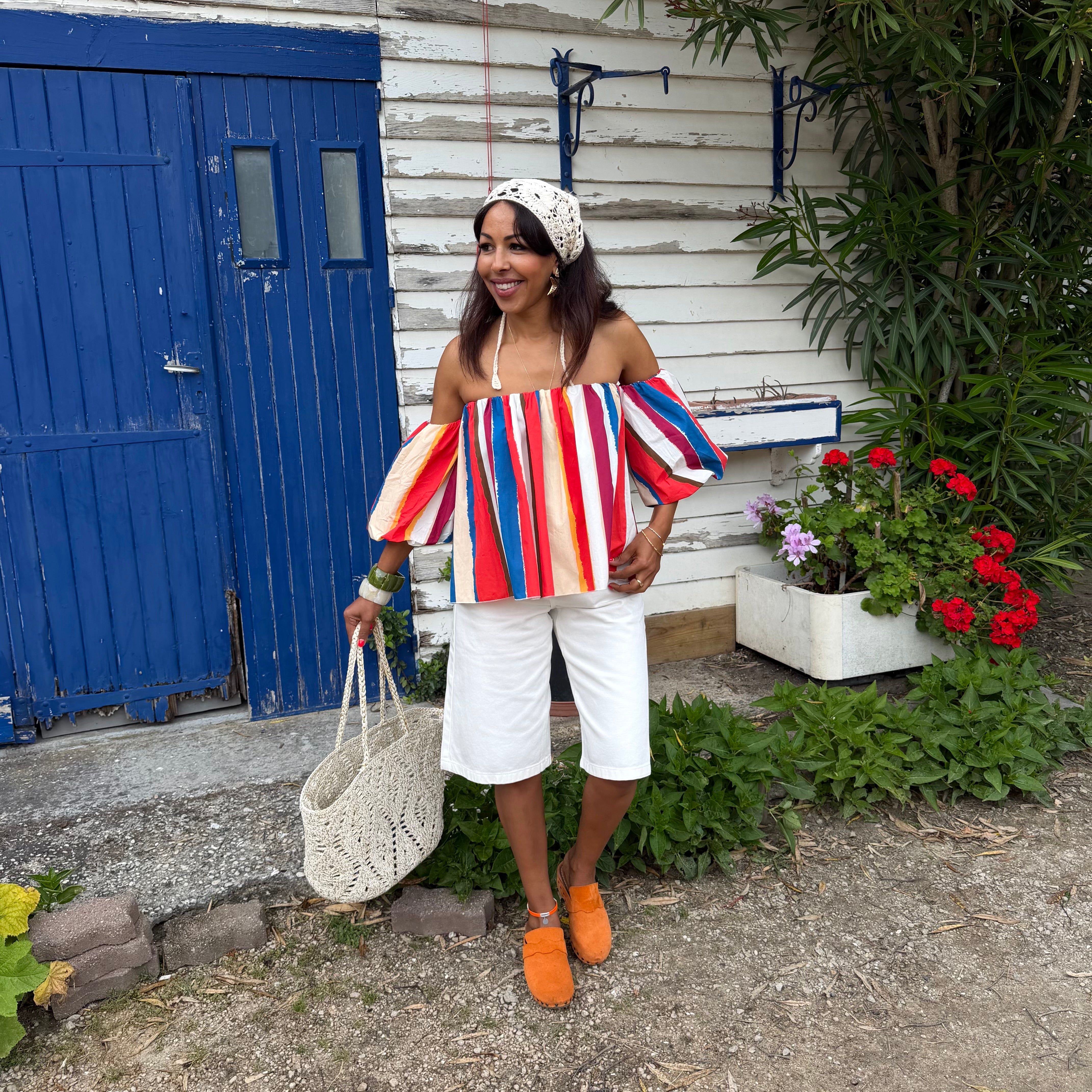 Blouse LIO rayée multicolore rouge – coton – col bardot