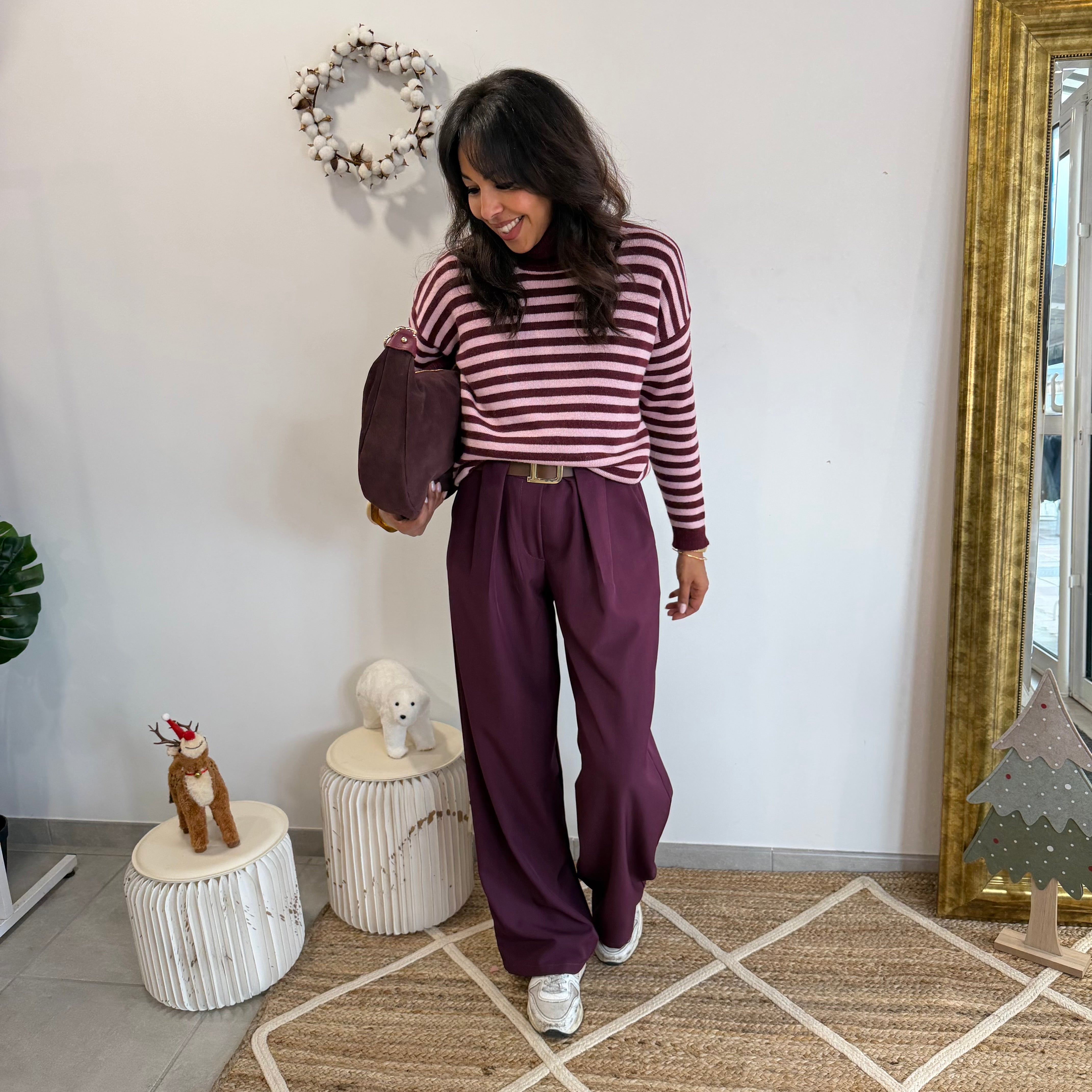 Pull col roulé rayé, CHARLIE, prune et rose, laine et cachemire