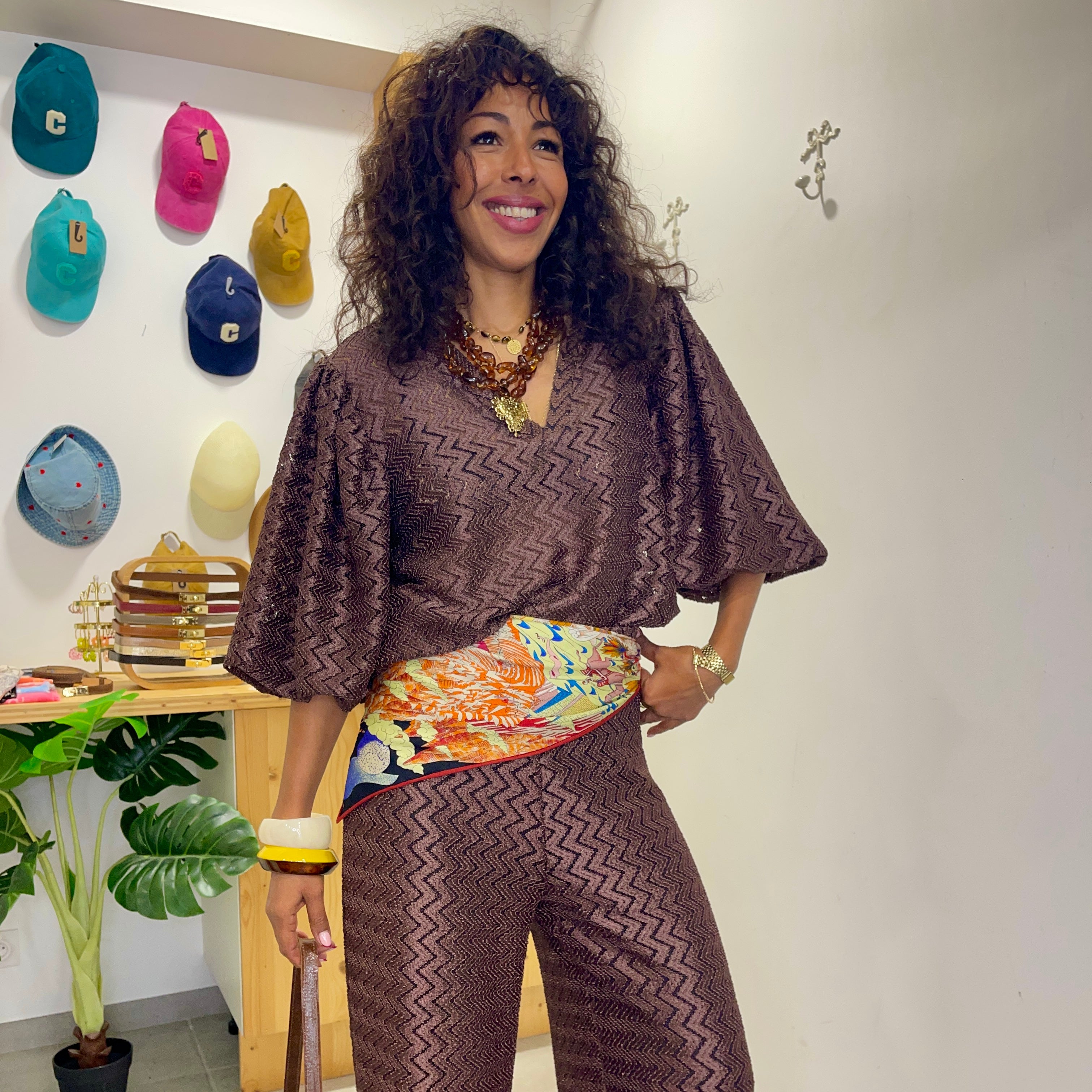 Blouse MADRID marron métallisé motif chevron