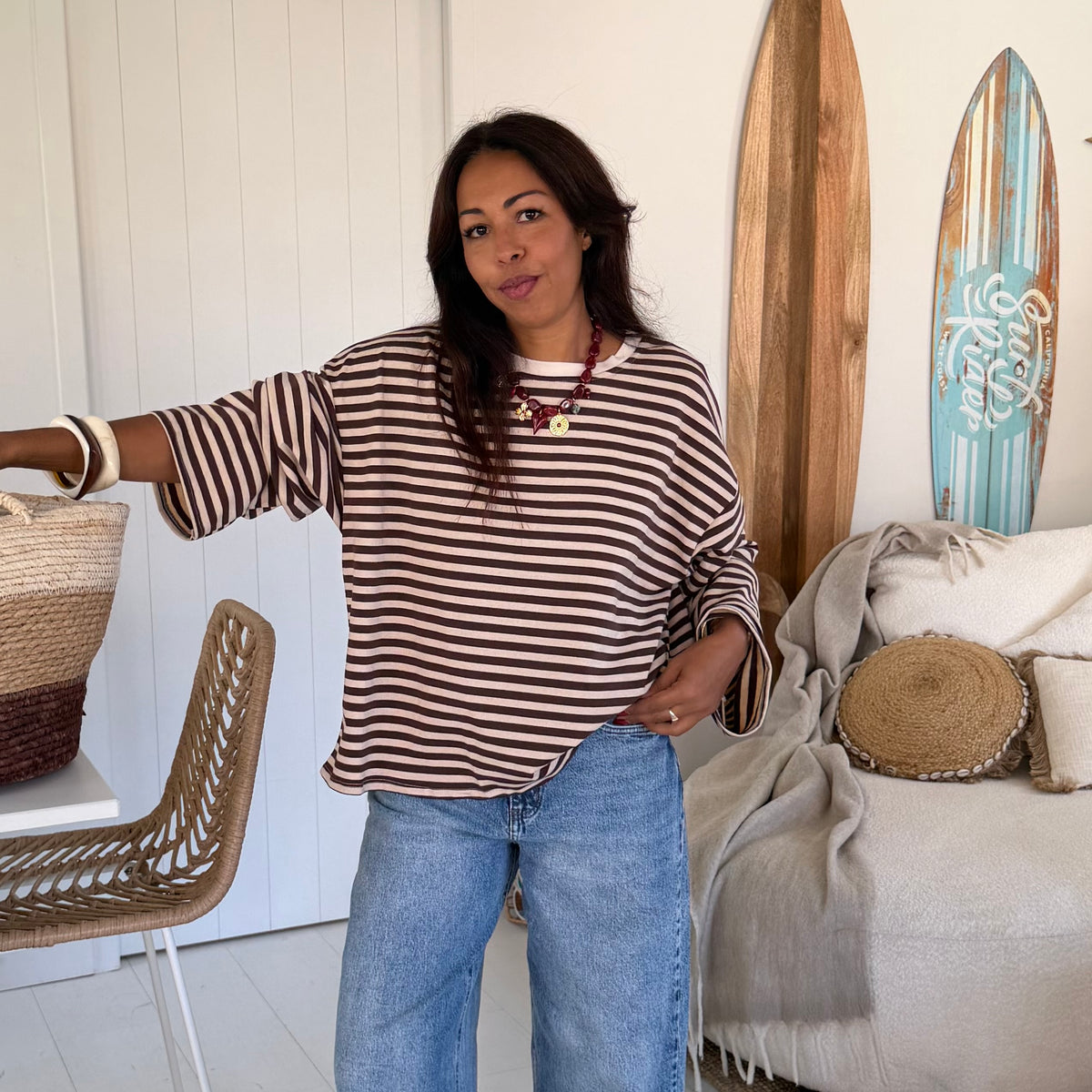 T shirt manche longue MILO rayé beige marron