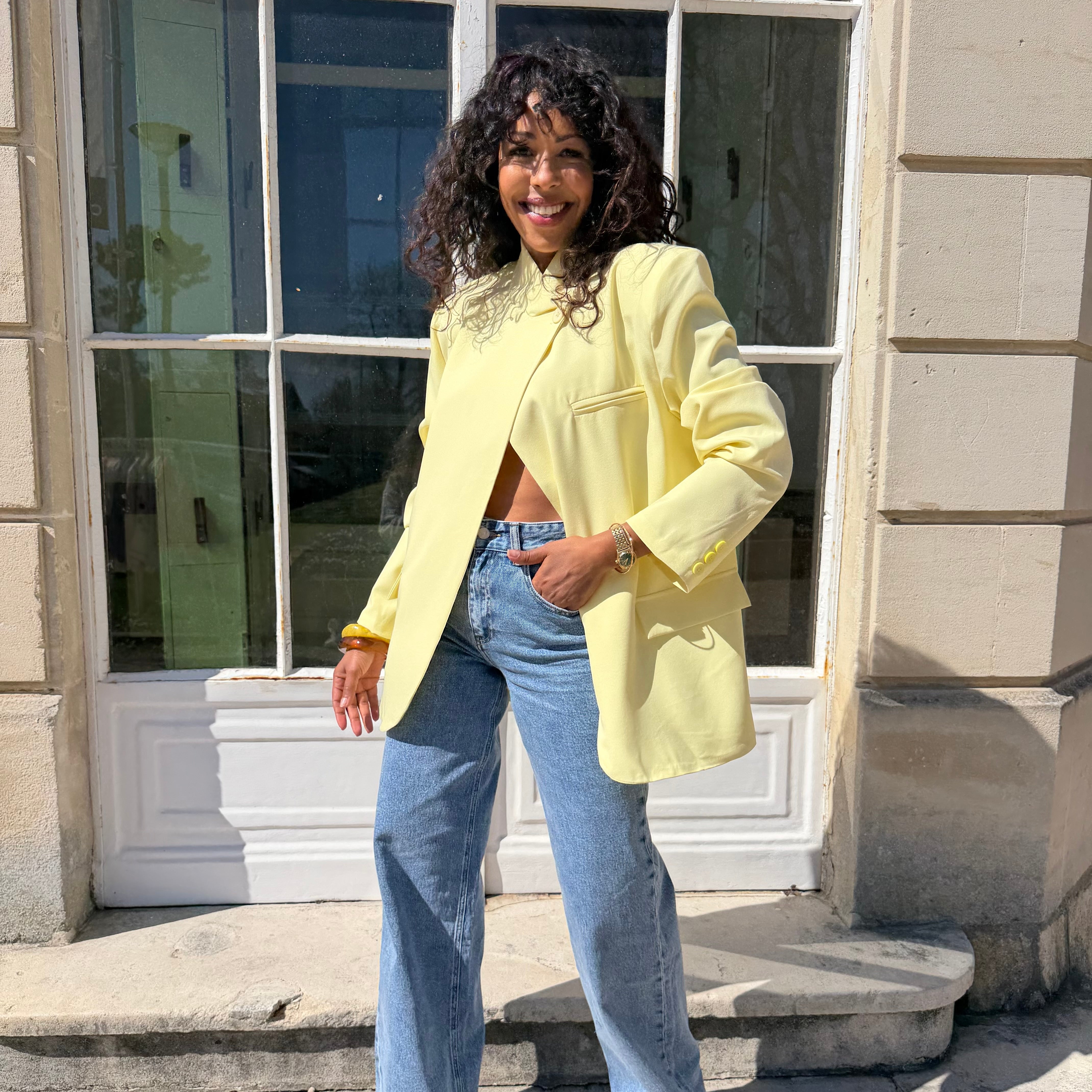 Blazer col mao, ENZO, jaune pastel