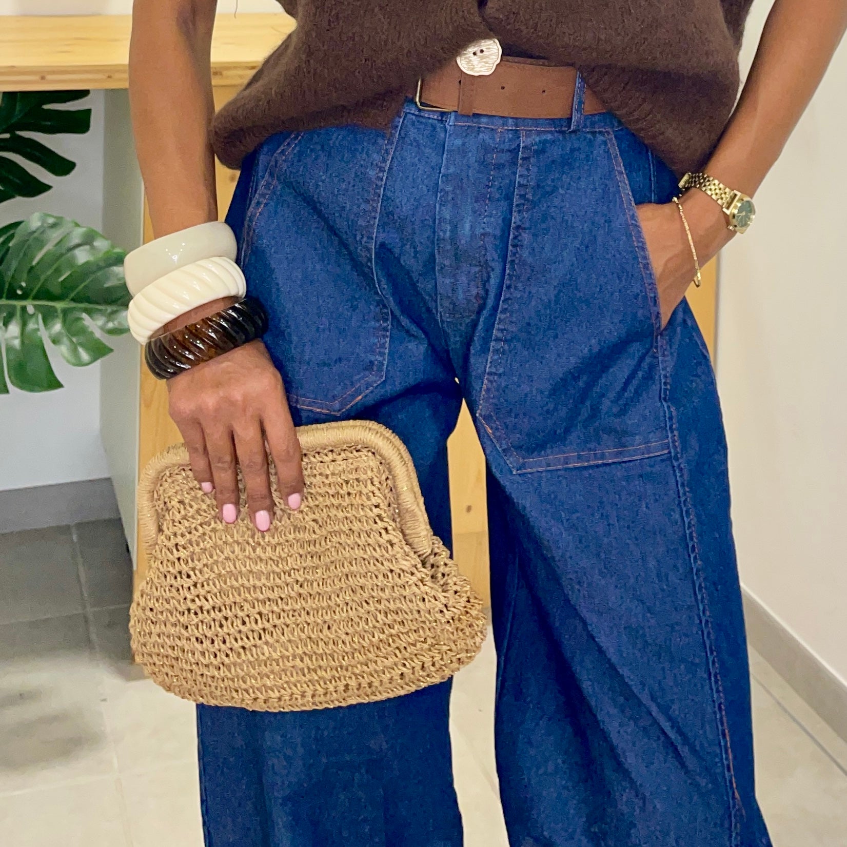 Sac BOURSE marron en rafia avec bandoulière