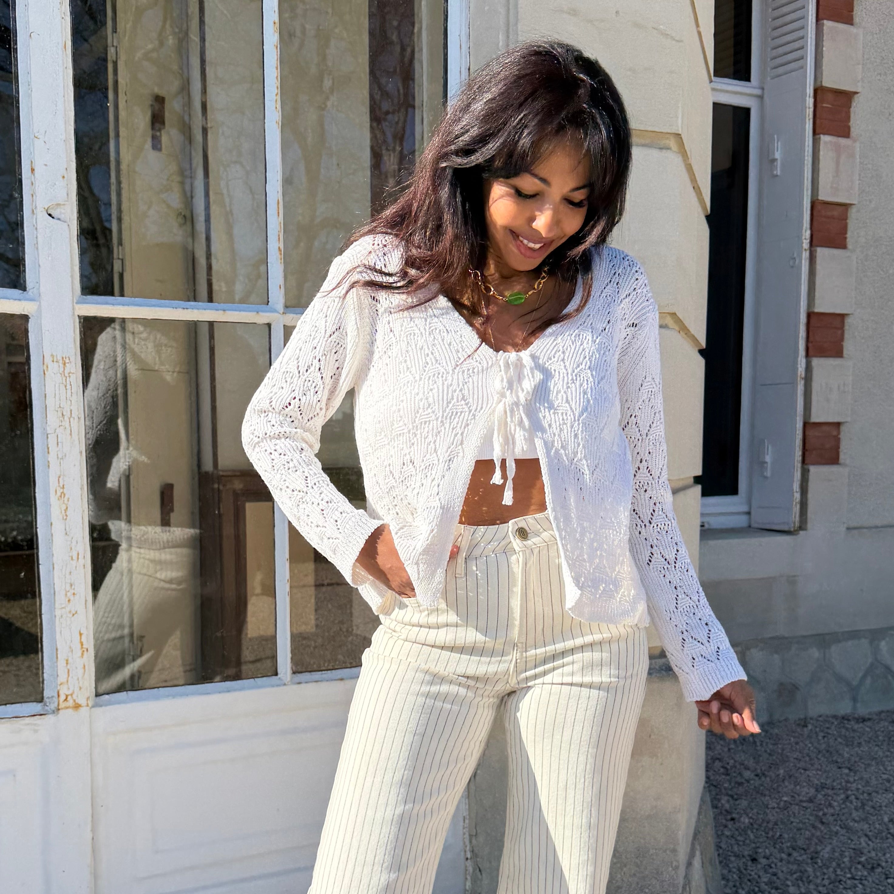 Gilet manches longues GRACE en maille ajouré écru.