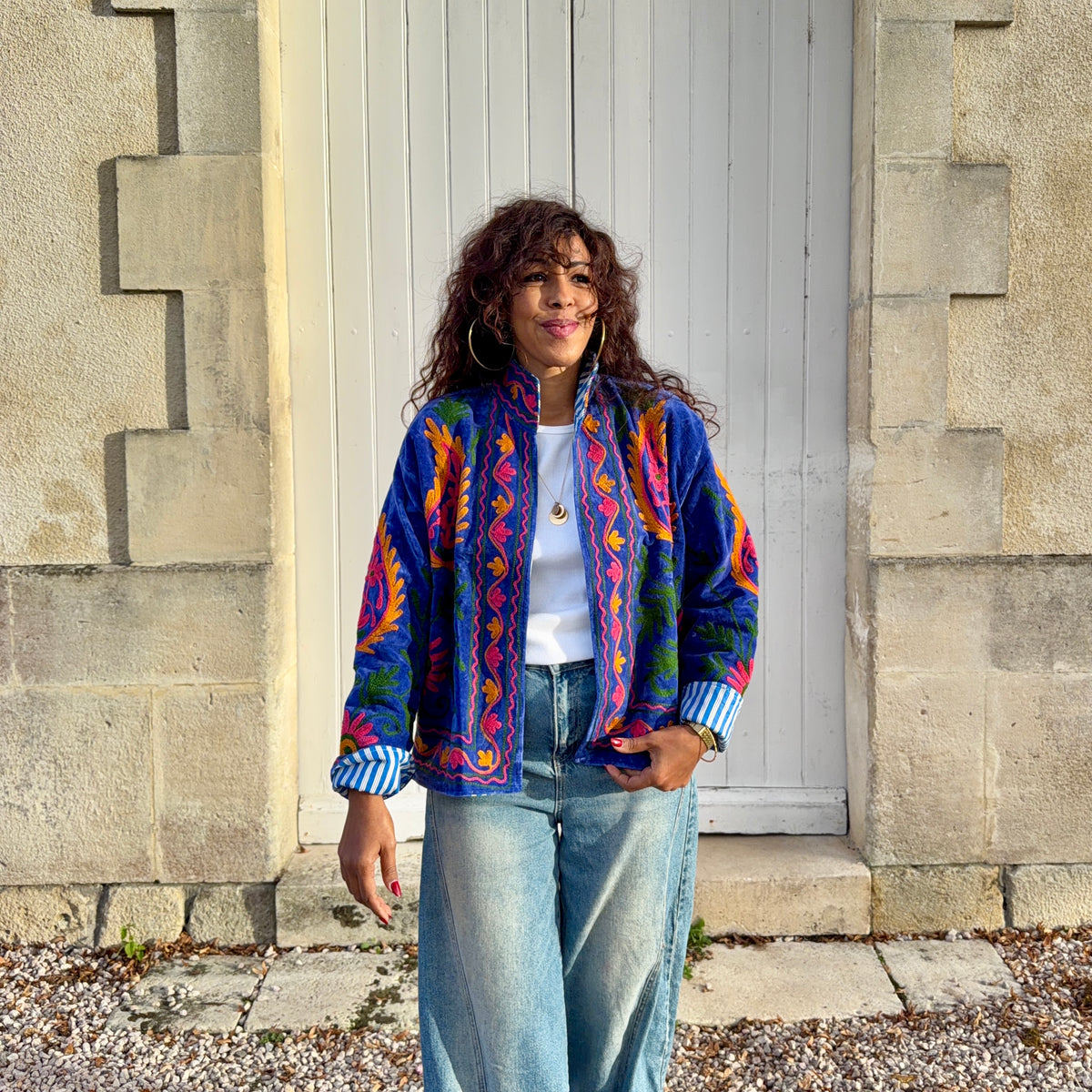 VESTE SUZANE BRODÉE EN VELOURS bleu