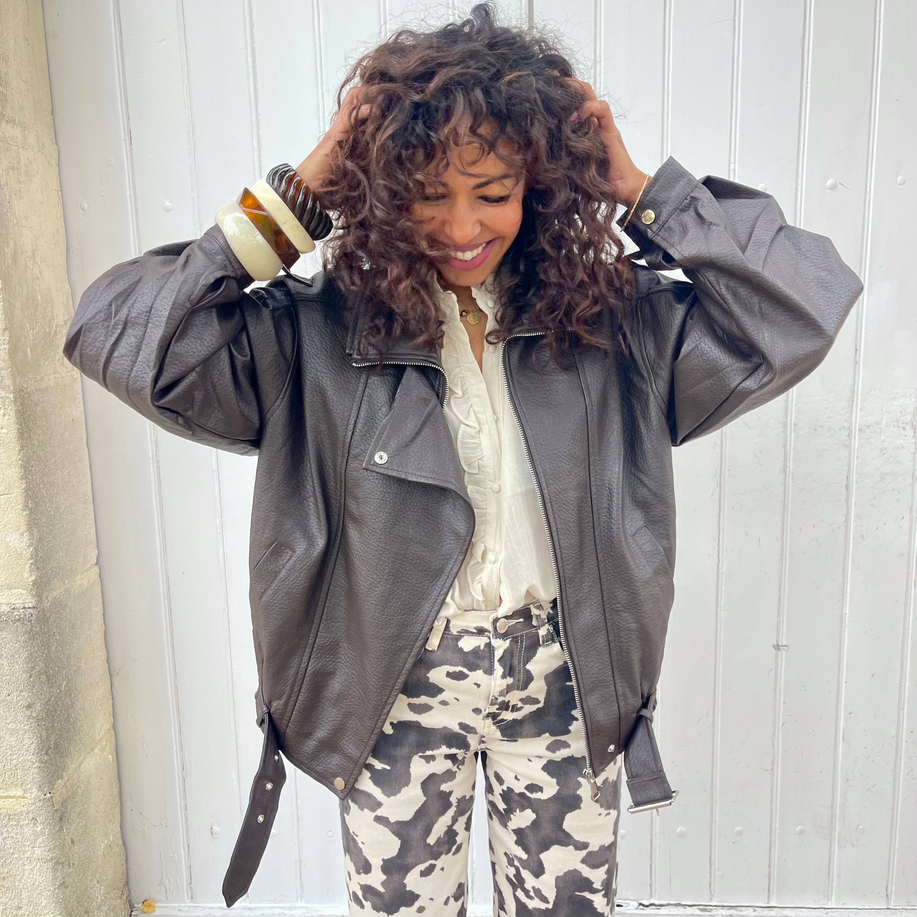Veste perfecto LEA oversize effet cuir marron