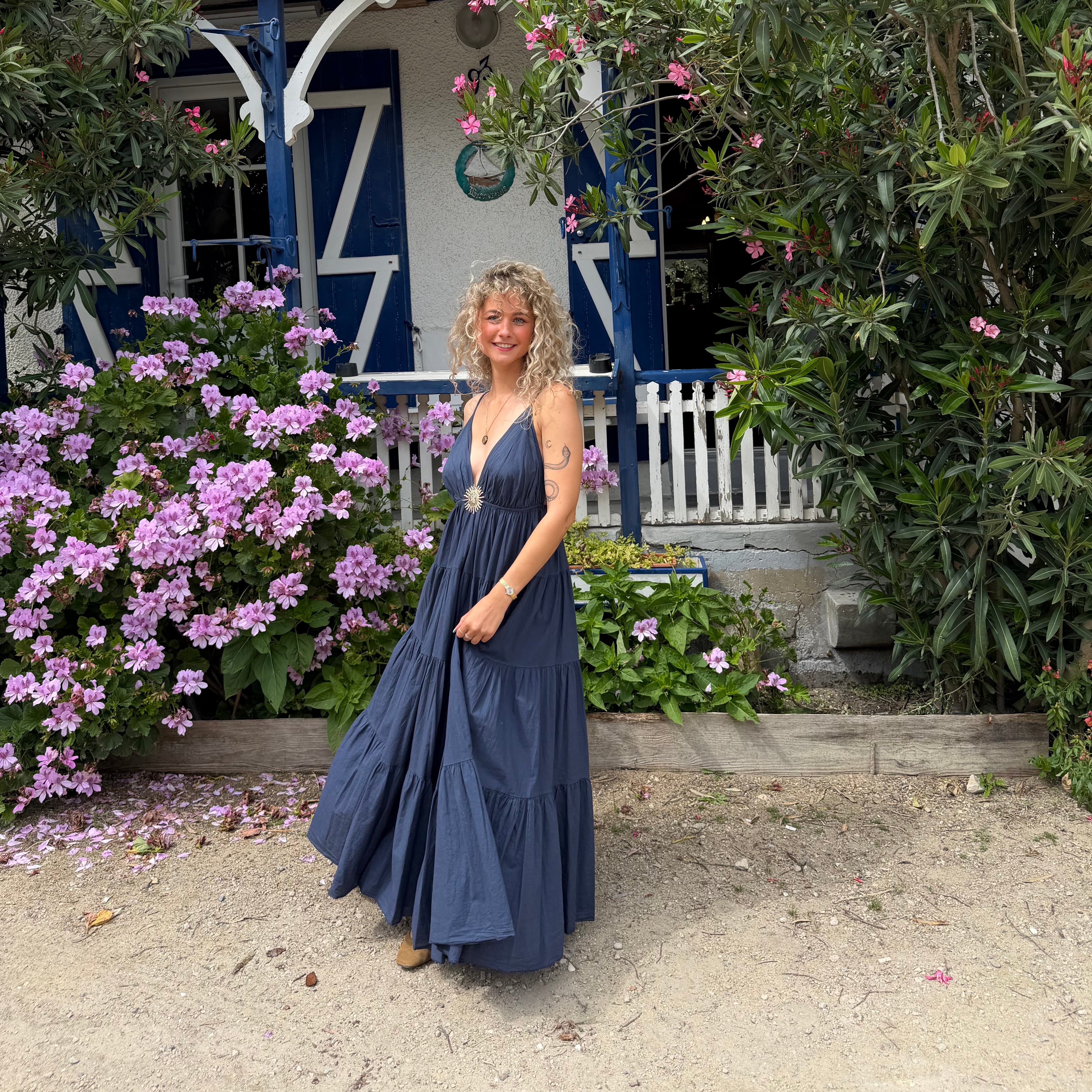 Robe longue SOLEIL bohème bleu marine dos nu