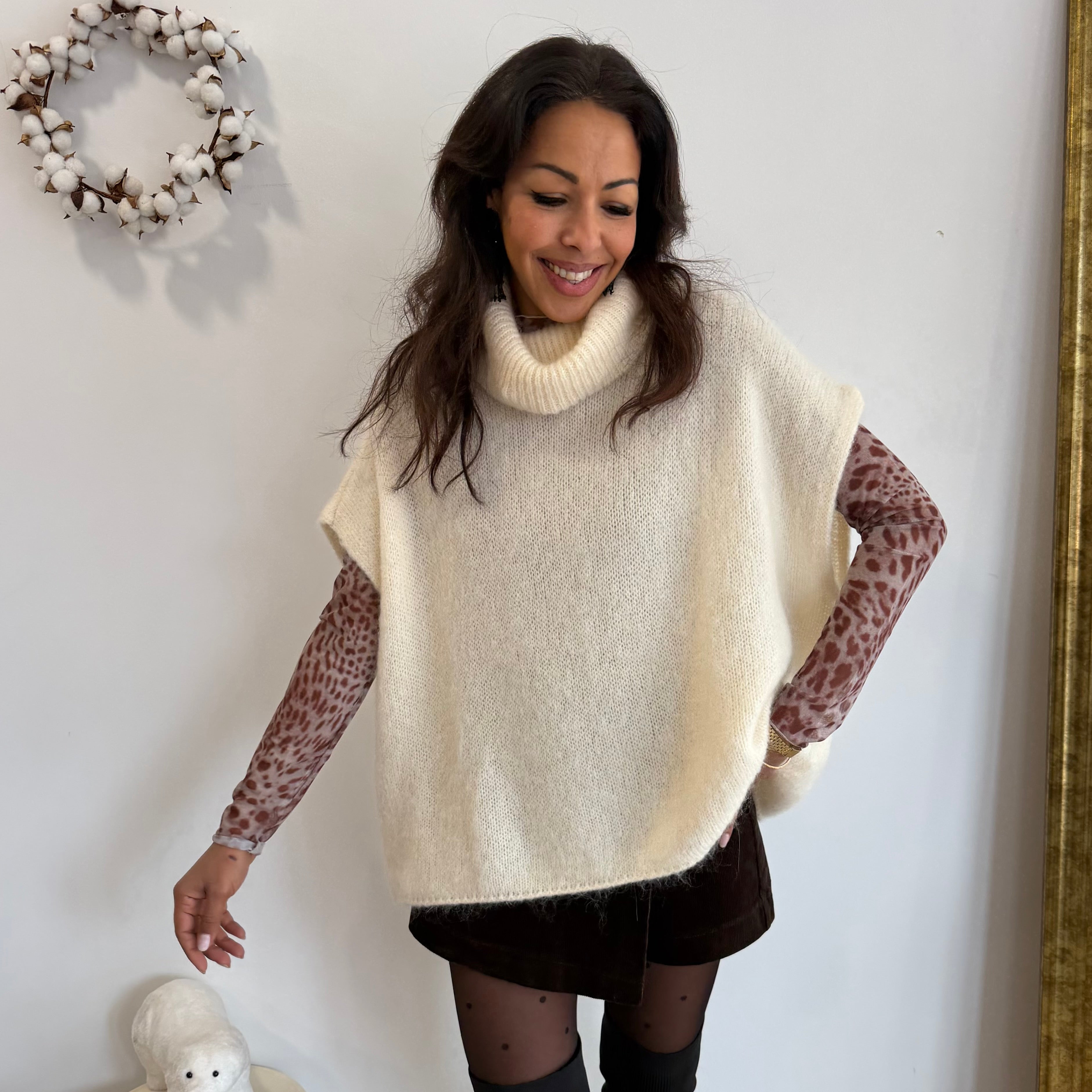 Pull col roulé, ANTA ecru, mohair, laine
