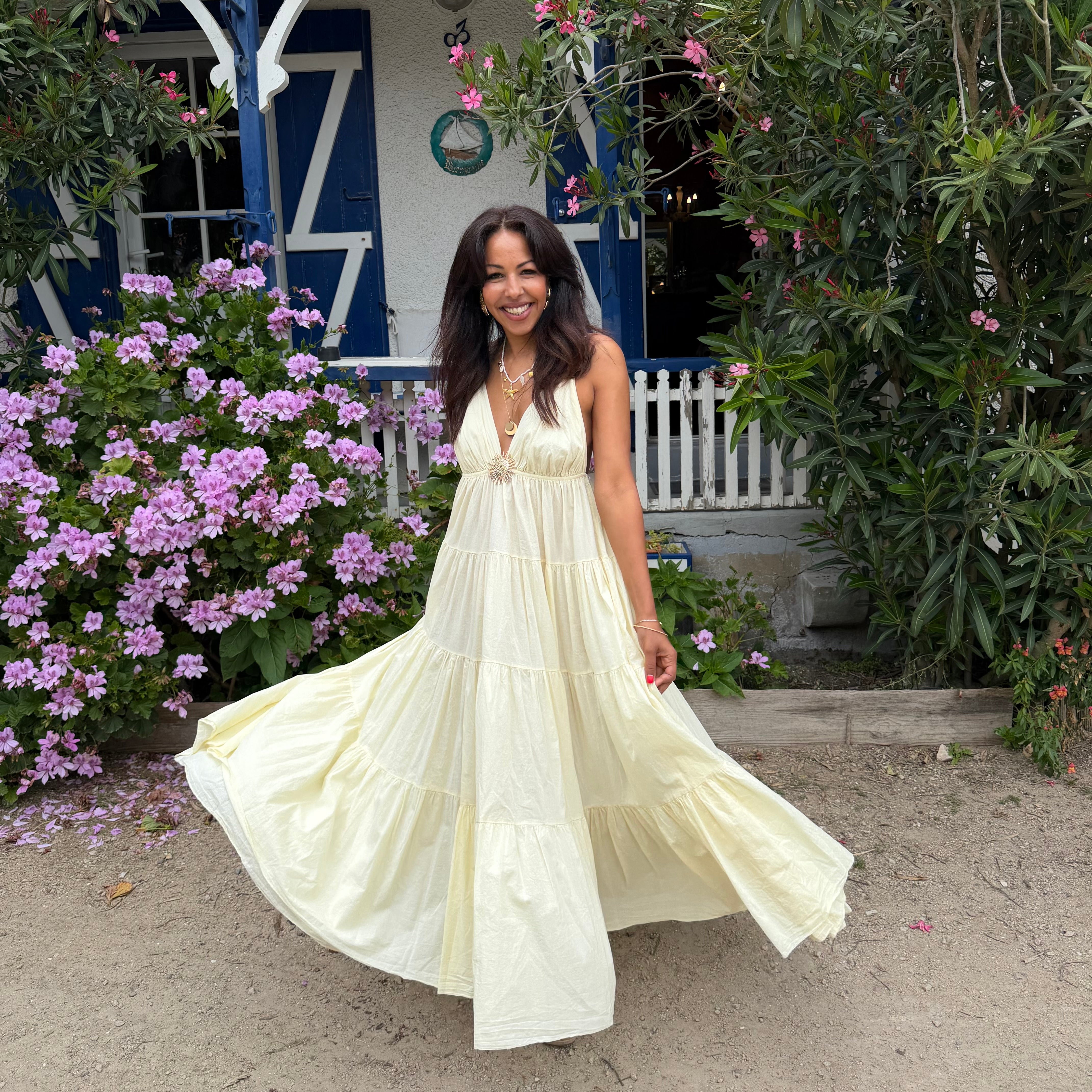 Robe longue SOLEIL bohème jaune dos nu
