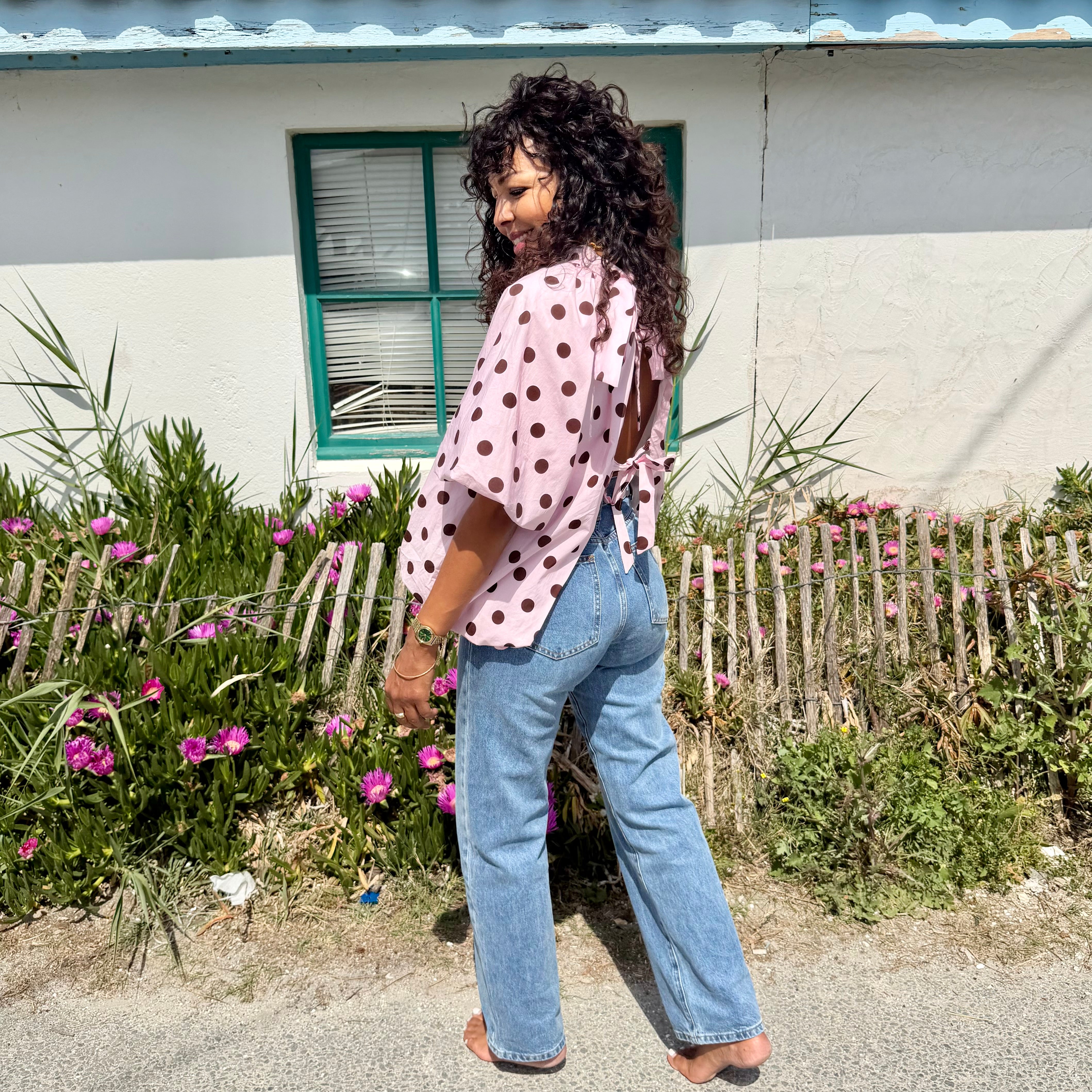 Blouse POIS dos nu rose et marron